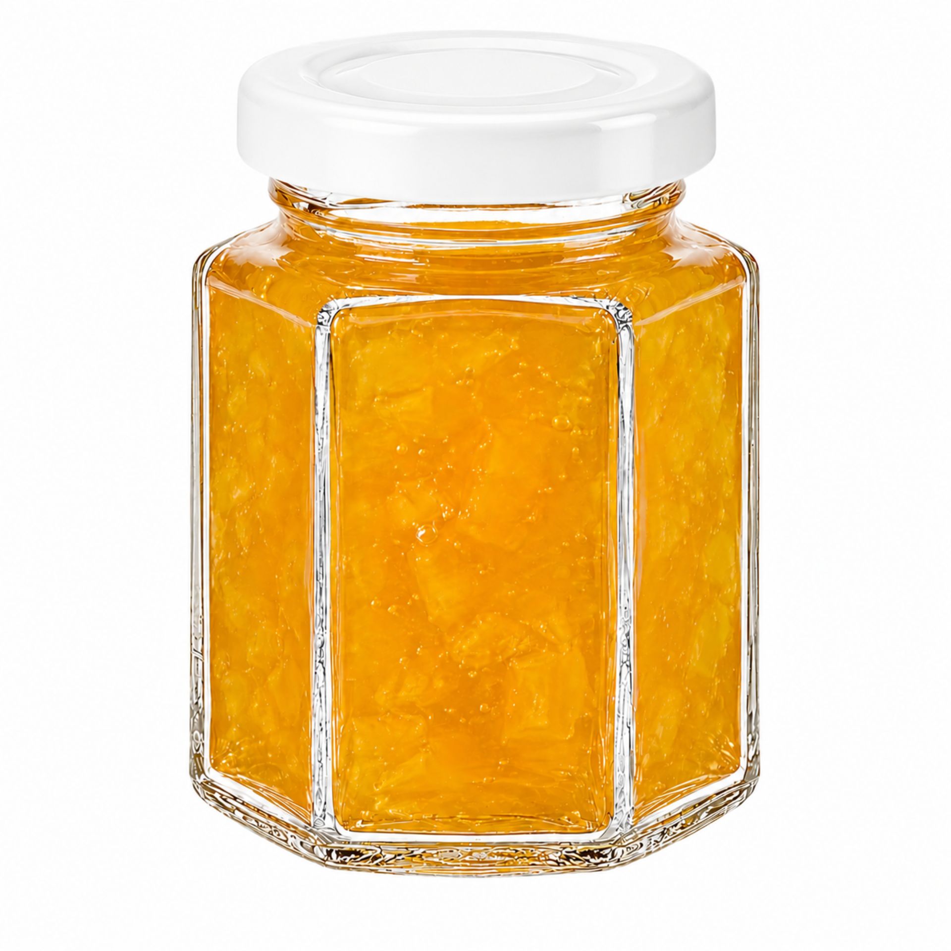 Sechs kleine, leere sechseckige Glasgefäße mit goldfarbenen Schraubdeckeln, gleichmäßig angeordnet auf weißem Hintergrund.