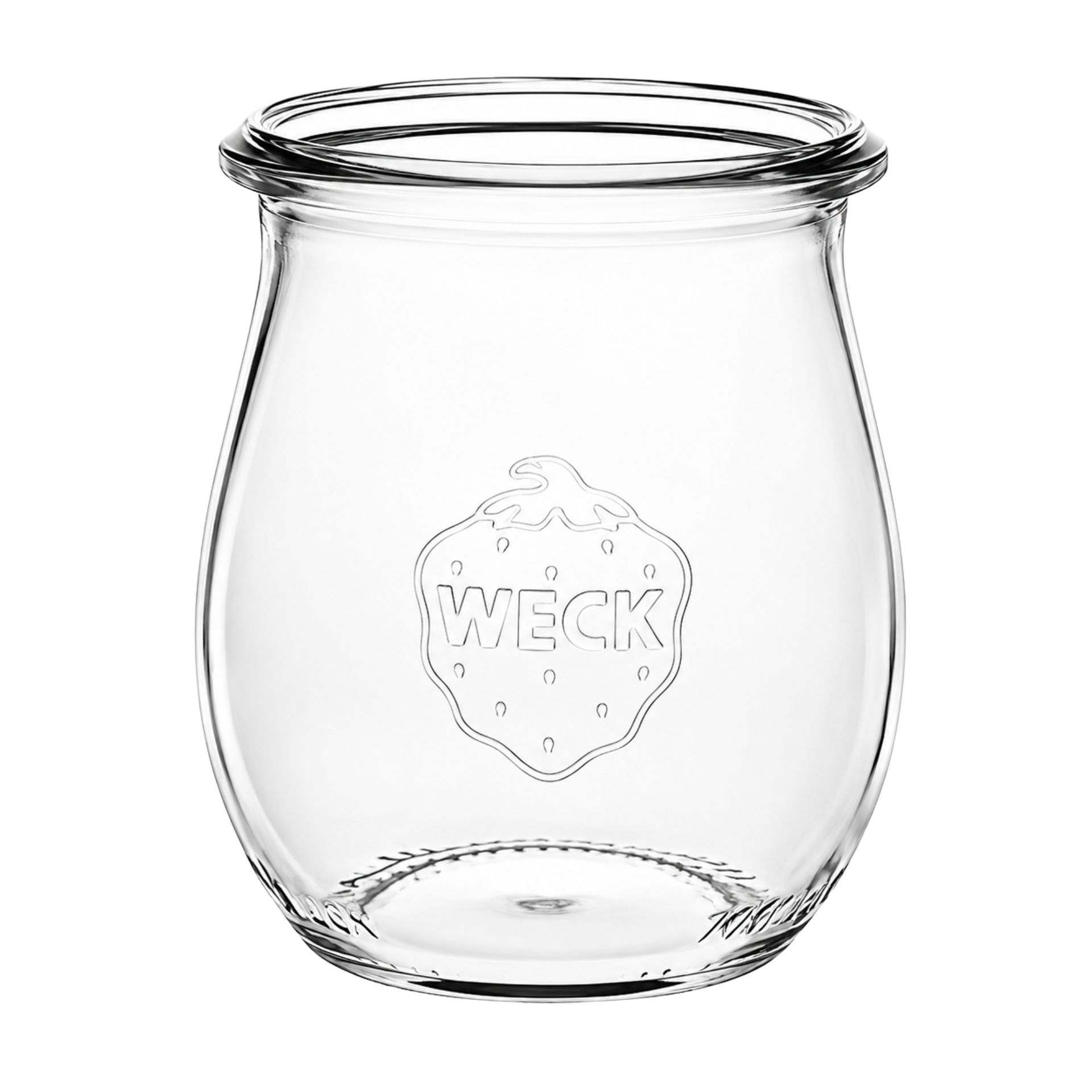 Leere, klare Glasflasche mit langem Hals und Schraubverschluss, stehend auf weißem Hintergrund.