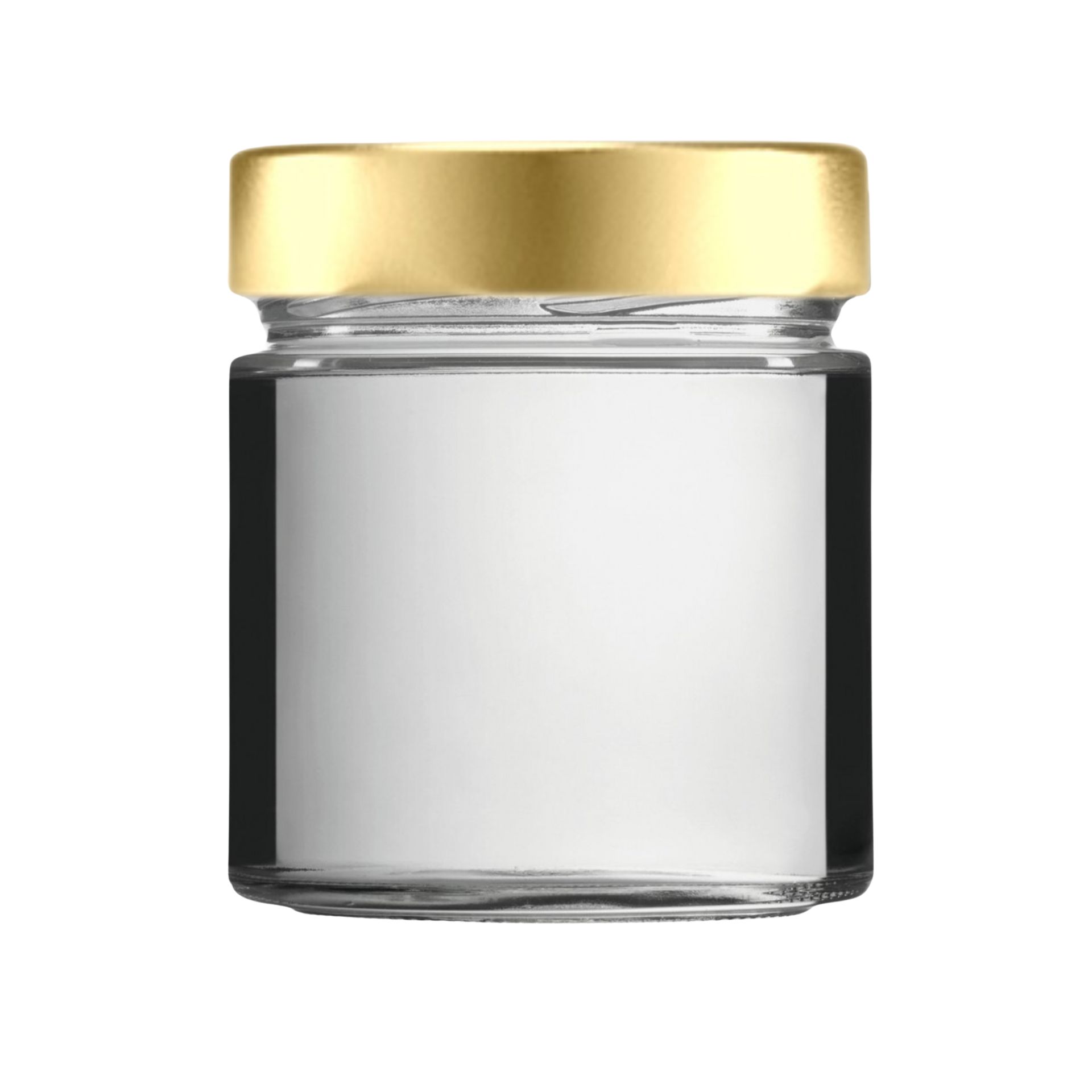 Transparente Vorratsdose aus Glas mit 400 ml Fassungsvermögen, zylindrische Form, goldfarbener Schraubverschluss, auf weißem Hintergrund.