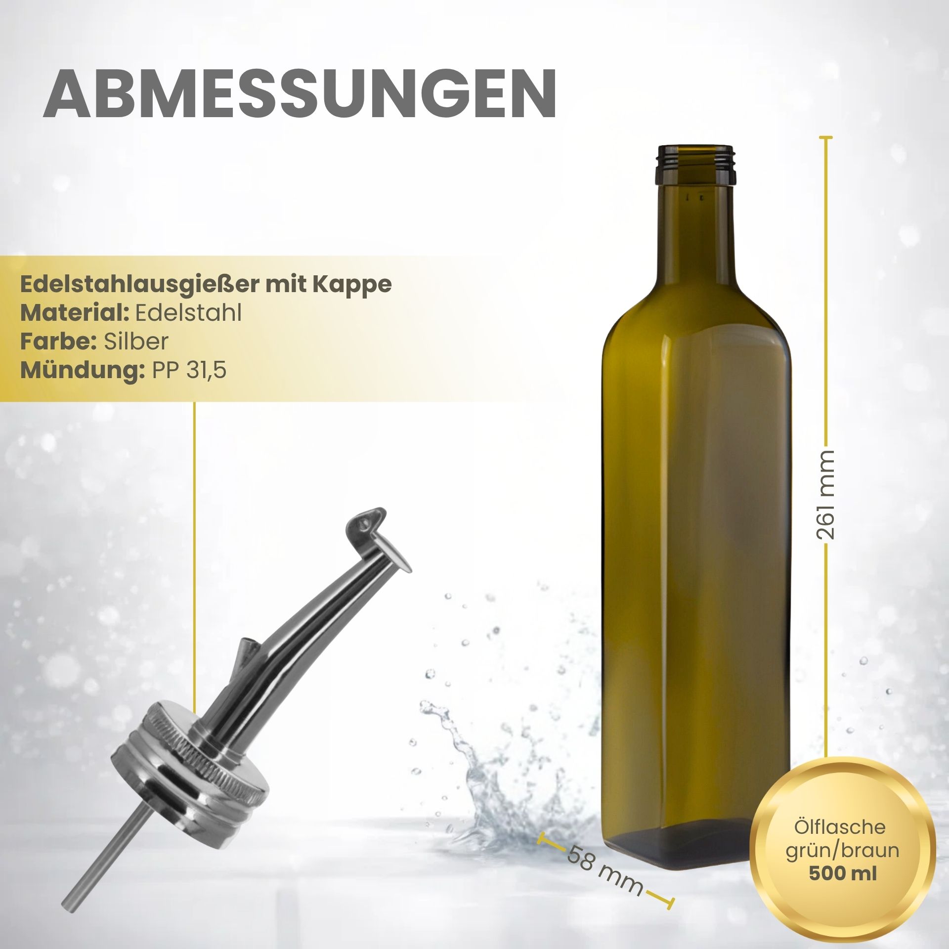 Glasflasche  500 ml eckig Marasca Antik Ölflasche mit Ausgießer Edelstahl
