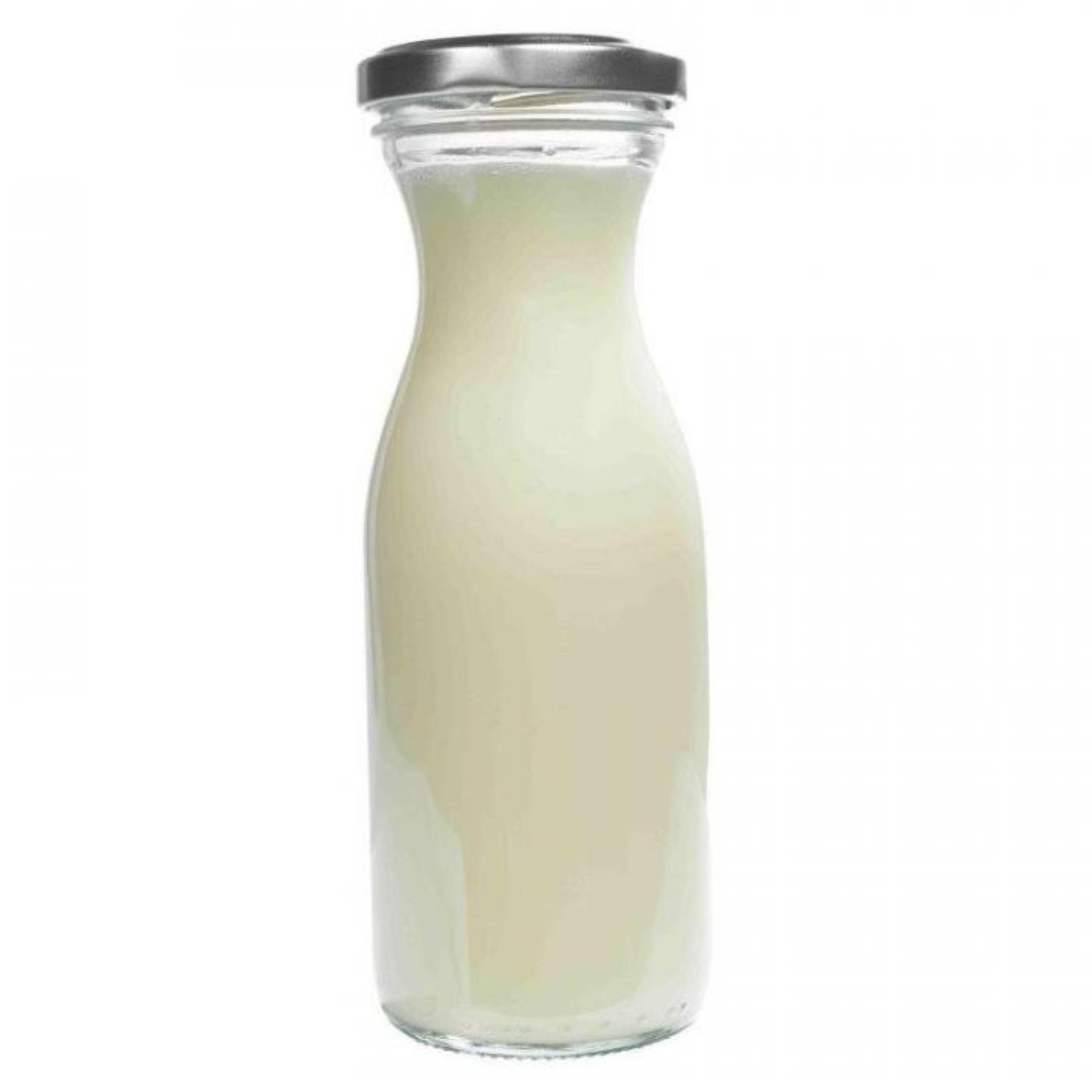Klare 250-ml-Glasflasche mit kurzem Hals und Schraubgewinde, stehend auf weißem Hintergrund – ideal für Säfte oder andere Getränke.