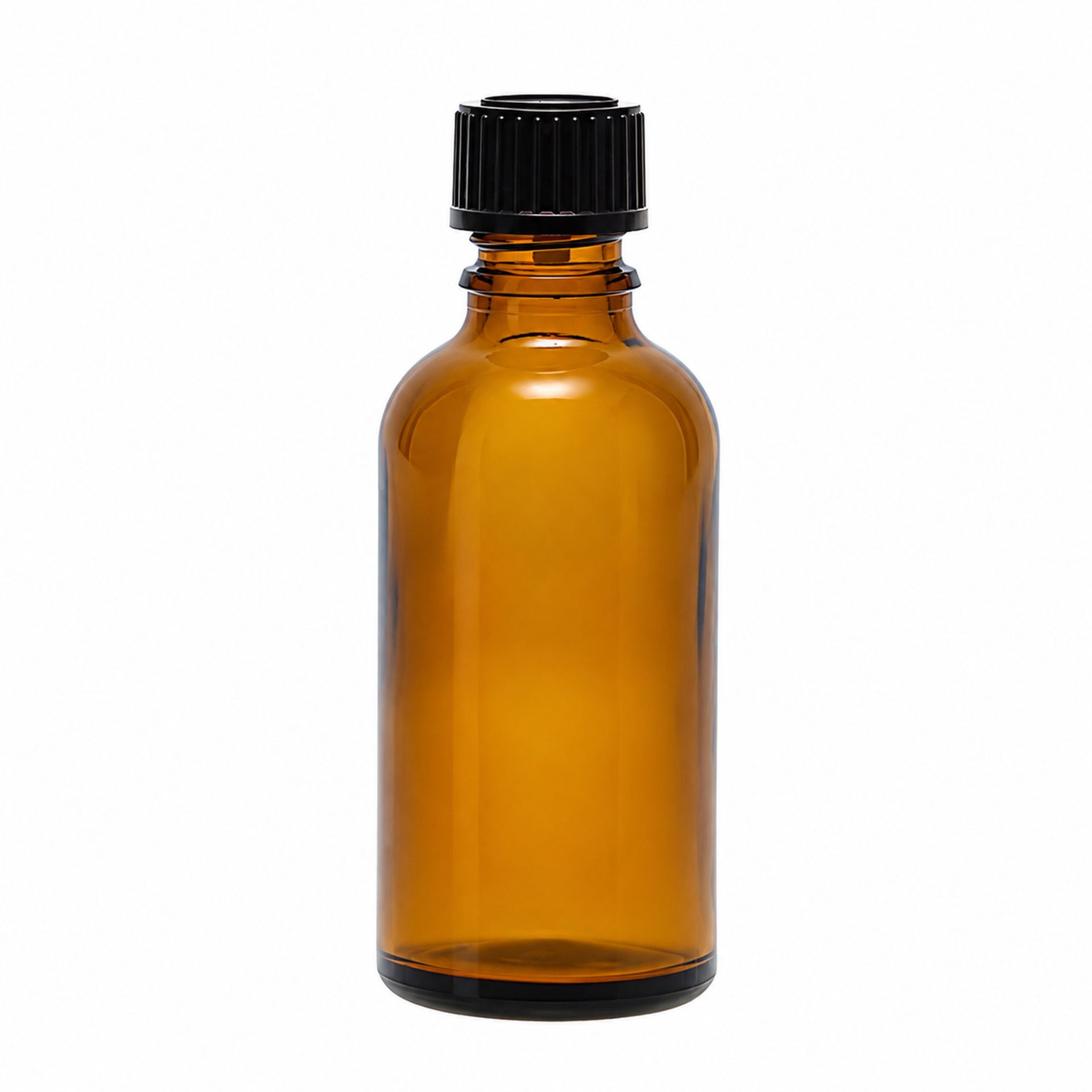 Transparente braune Glasflasche mit 28-mm-Gewindeöffnung, auf weißem Hintergrund stehend.