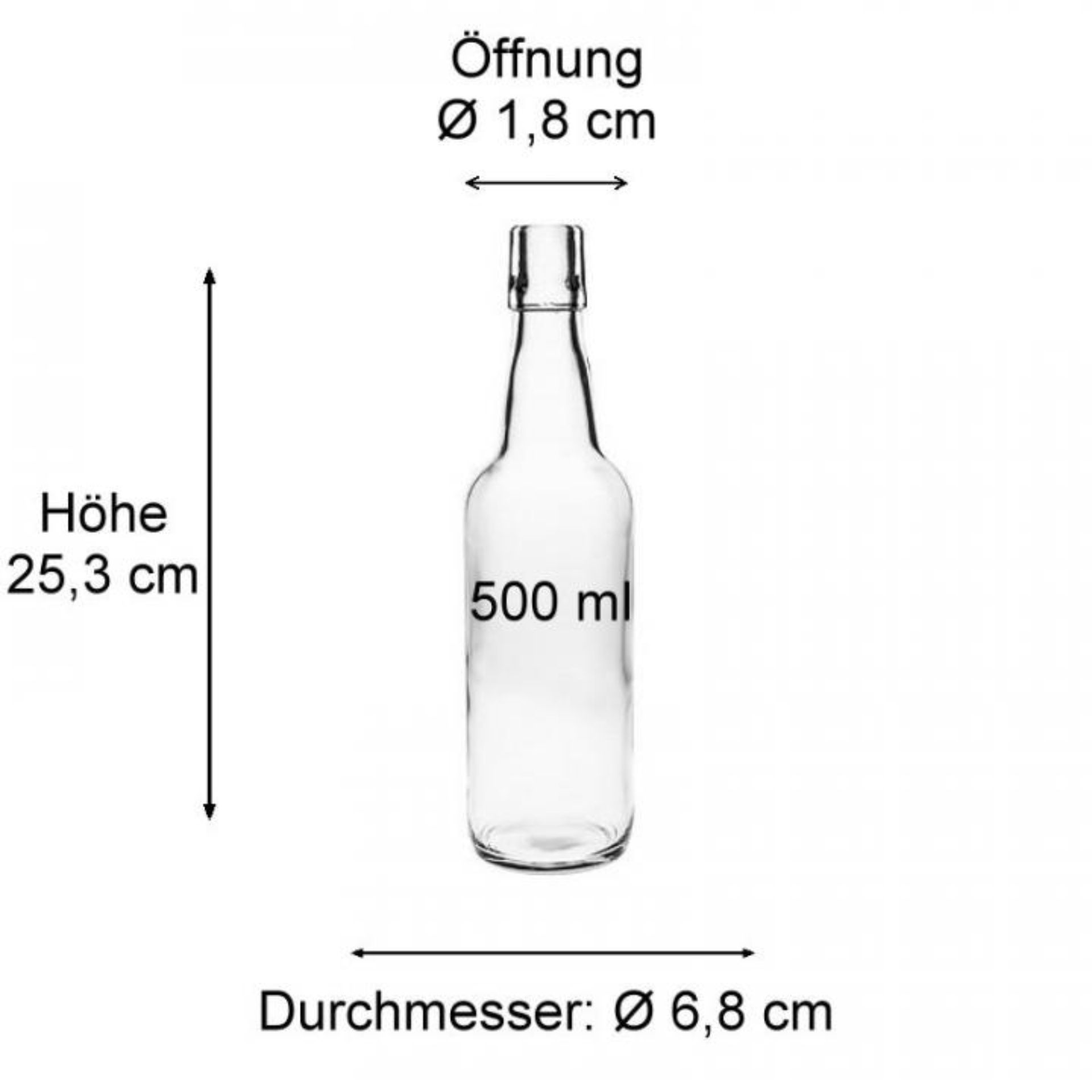 Glasflasche 500 ml mit Bügelverschluss, transparent, ideal für Getränkeaufbewahrung und Dekoration.