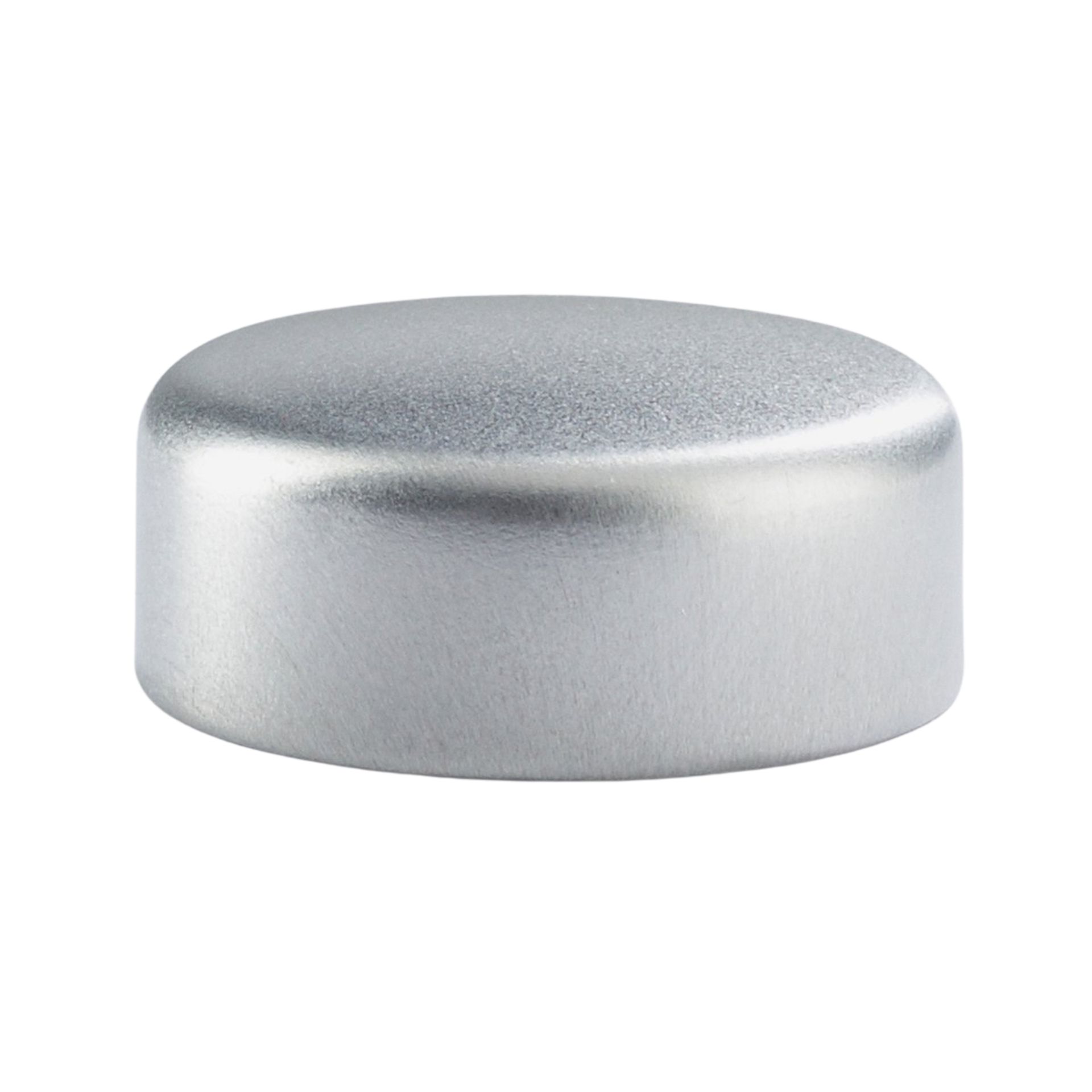 Metall-Schraubverschluss Deckel GPI28 in Silber – Mikken VIVIGPIE28SI für Flaschen und Gläser Metallischer Schraubverschluss in Silber mit glatter Oberfläche und Gewinde, Modell GPI 28, auf weißem Hintergrund.