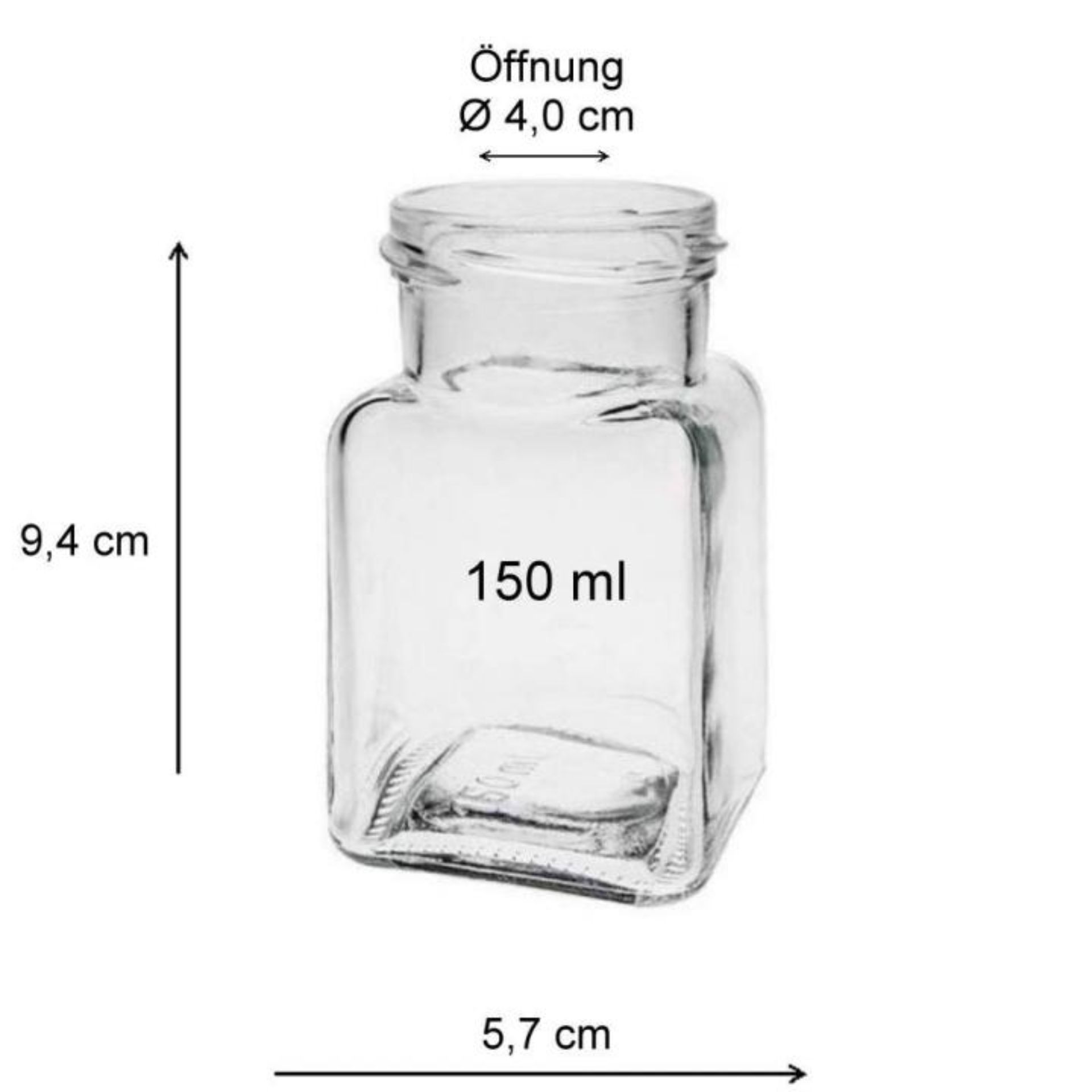 Ein quadratisches Einmachglas mit einem Fassungsvermögen von 150 ml, ausgestattet mit einem Deckel in verschiedenen Farben. Ideal zum Aufbewahren von Lebensmitteln oder als dekoratives Element in der Küche.