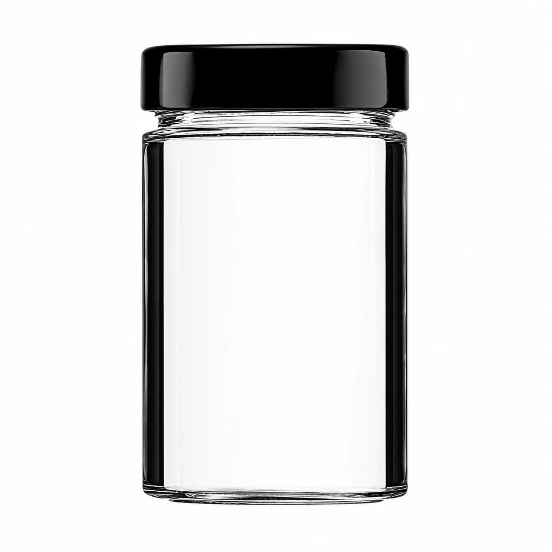 Ein transparentes Einmachglas mit einem Fassungsvermögen von 580 ml, zylindrischer Form und weiter Öffnung, auf weißem Hintergrund.