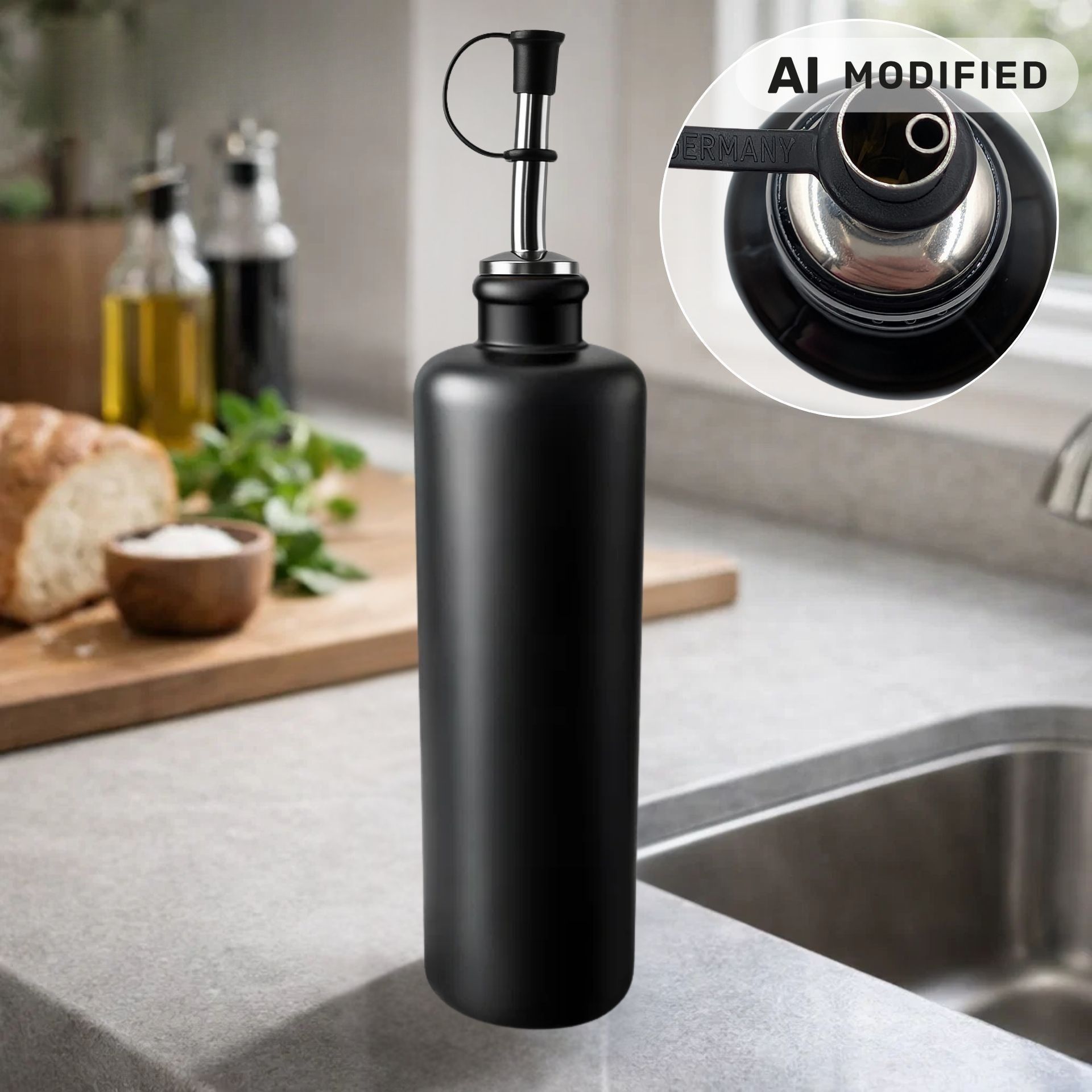 Ölflasche 500 ml Steingut schwarz mit Ausgießer aus Edelstahl / Silikon