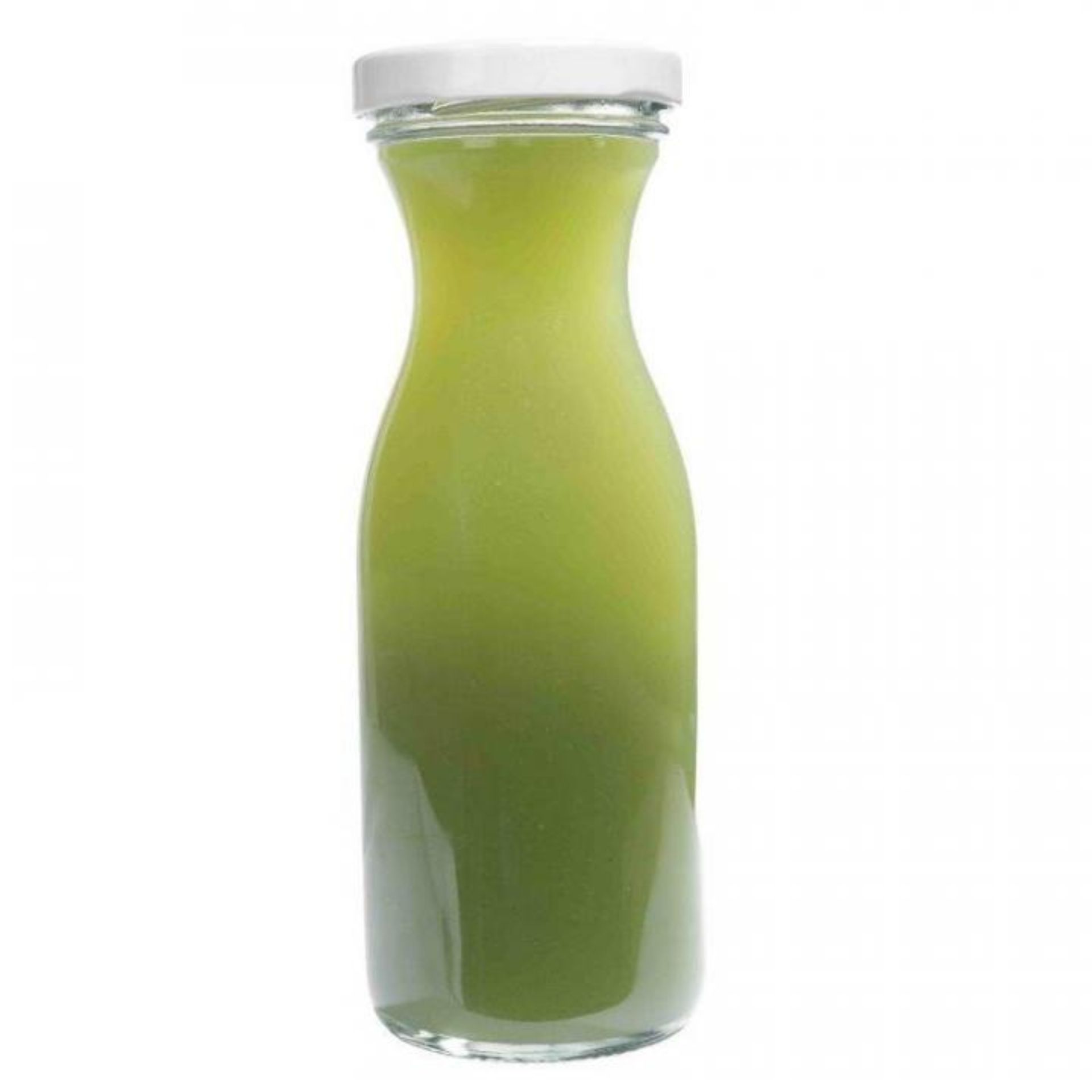 Klare 250-ml-Glasflasche mit kurzem Hals und Schraubverschluss, gefüllt mit orangefarbenem Saft, stehend auf weißem Hintergrund.