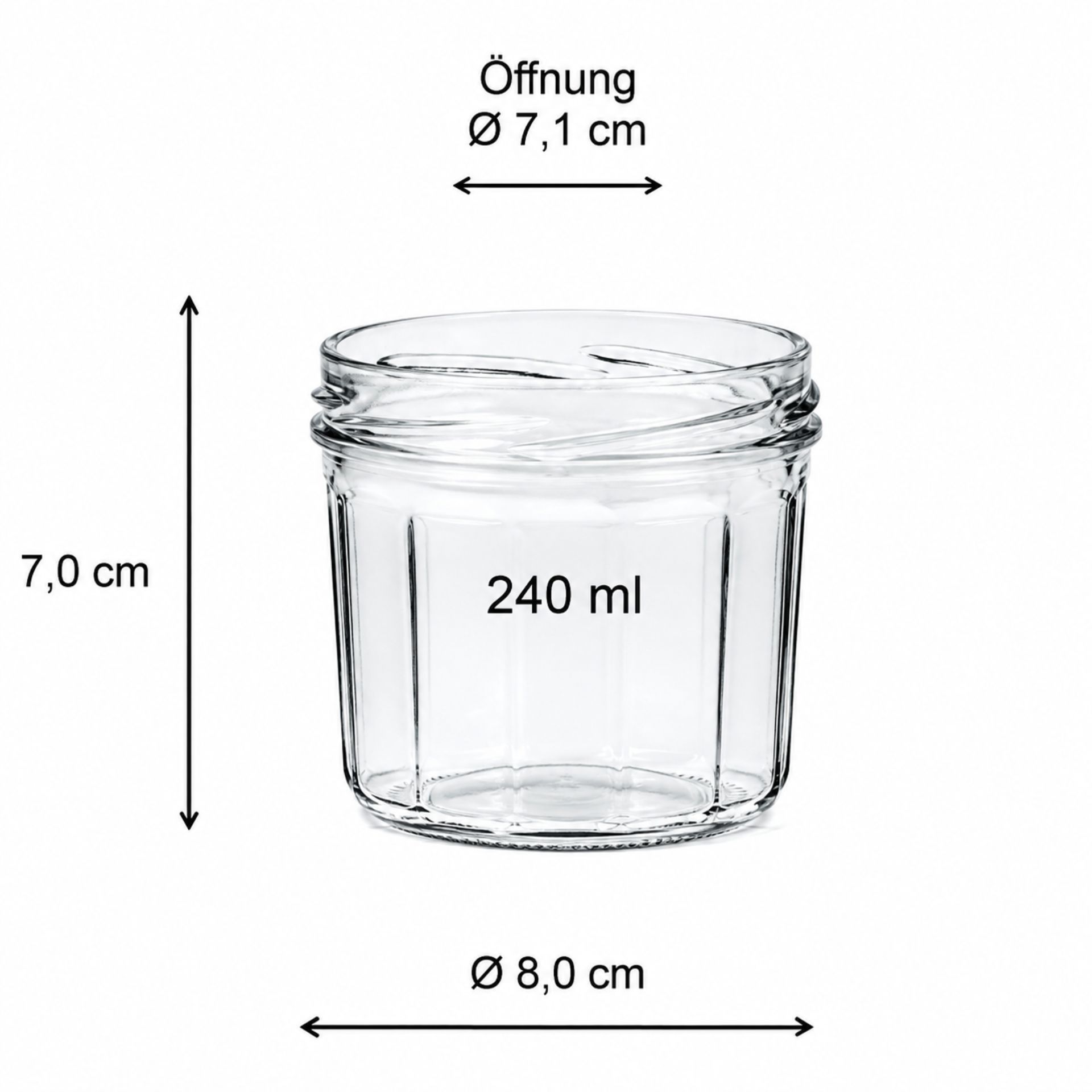 Einmachglas 240 ml mit Facettendesign und Deckel in verschiedenen Farben, ideal zum Einmachen von Marmeladen und Konserven, hochwertiges und stilvolles Glasgefäß für vielseitige Anwendungen.