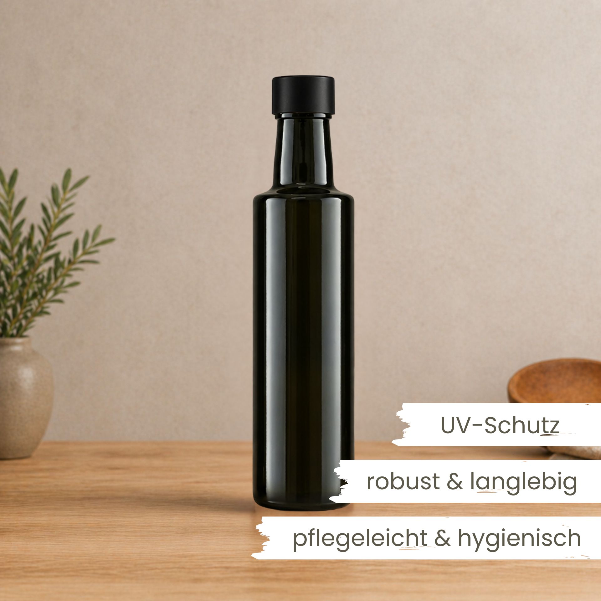 Glasflasche 250 ml rund Antik mit Deckel Schwarz Alu/Kunststoff
