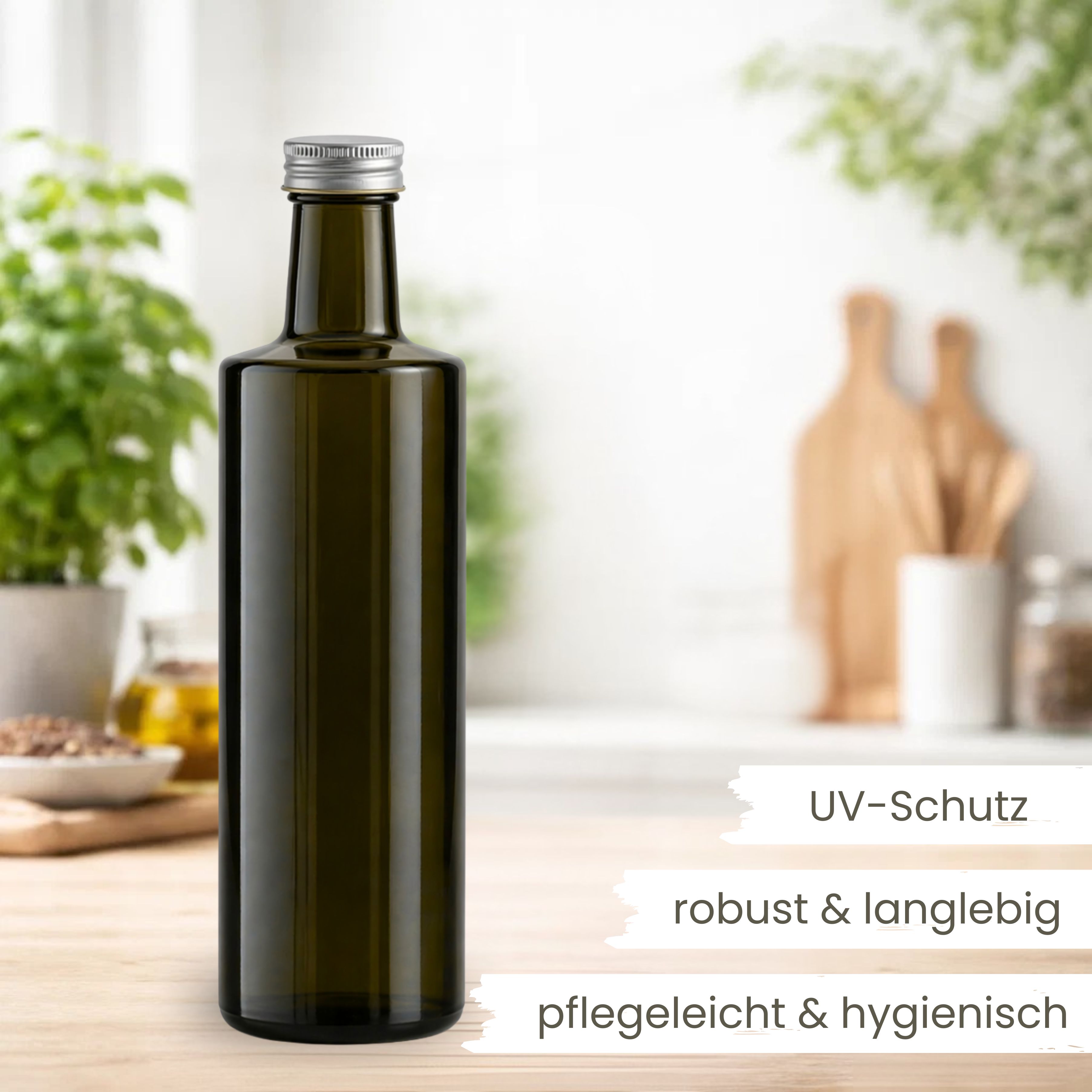 Glasflasche 500 ml rund braun Ölflasche Deckel Silber