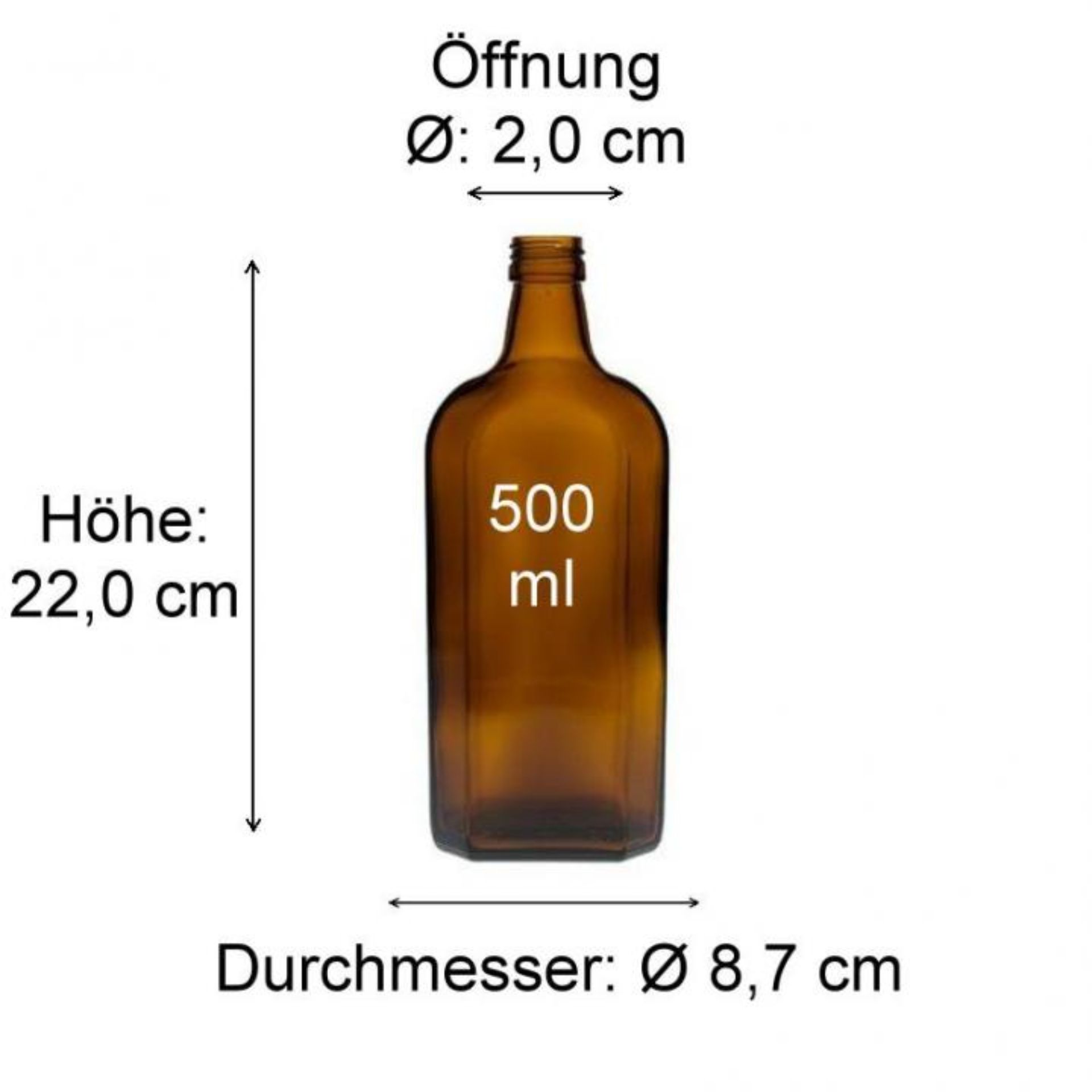 Bild mit den Abmessungen einer Glasflasche, detailliert dargestellt vor grauem Hintergrund.