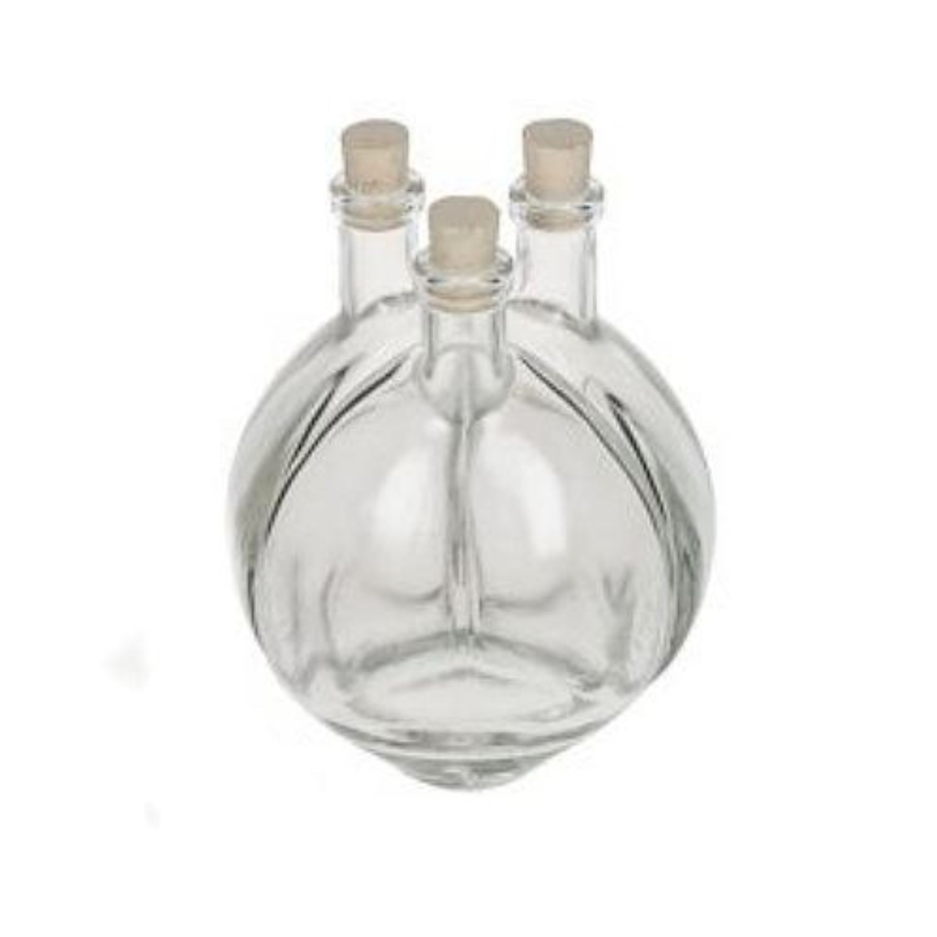 Bild einer 200 ml Glasflasche in Form einer Tri-Kugel mit einem Korkverschluss, geeignet für dekorative Zwecke oder zur Aufbewahrung von Flüssigkeiten.