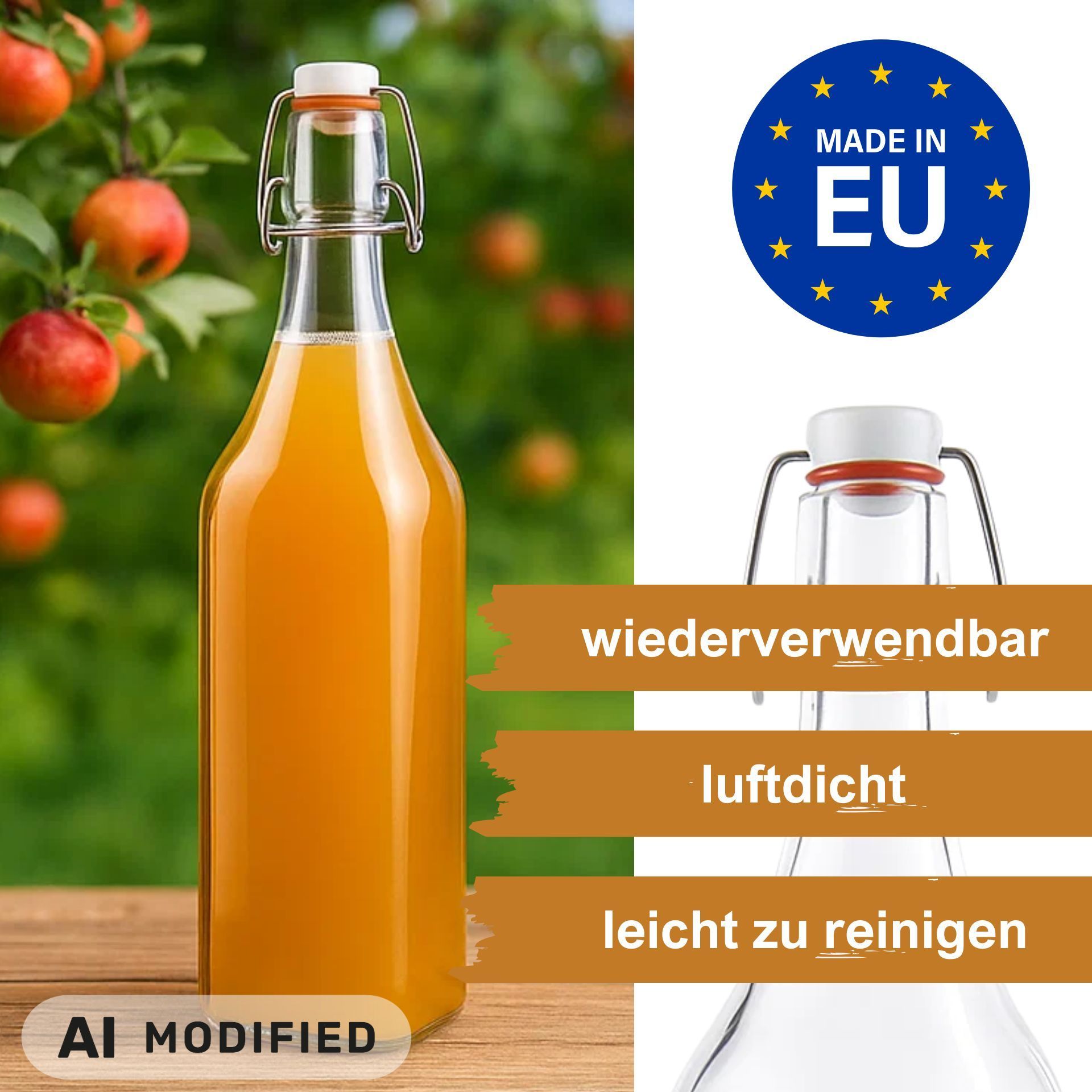 Glasflasche   1000 ml eckig mit Bügelverschluss Kunststoff