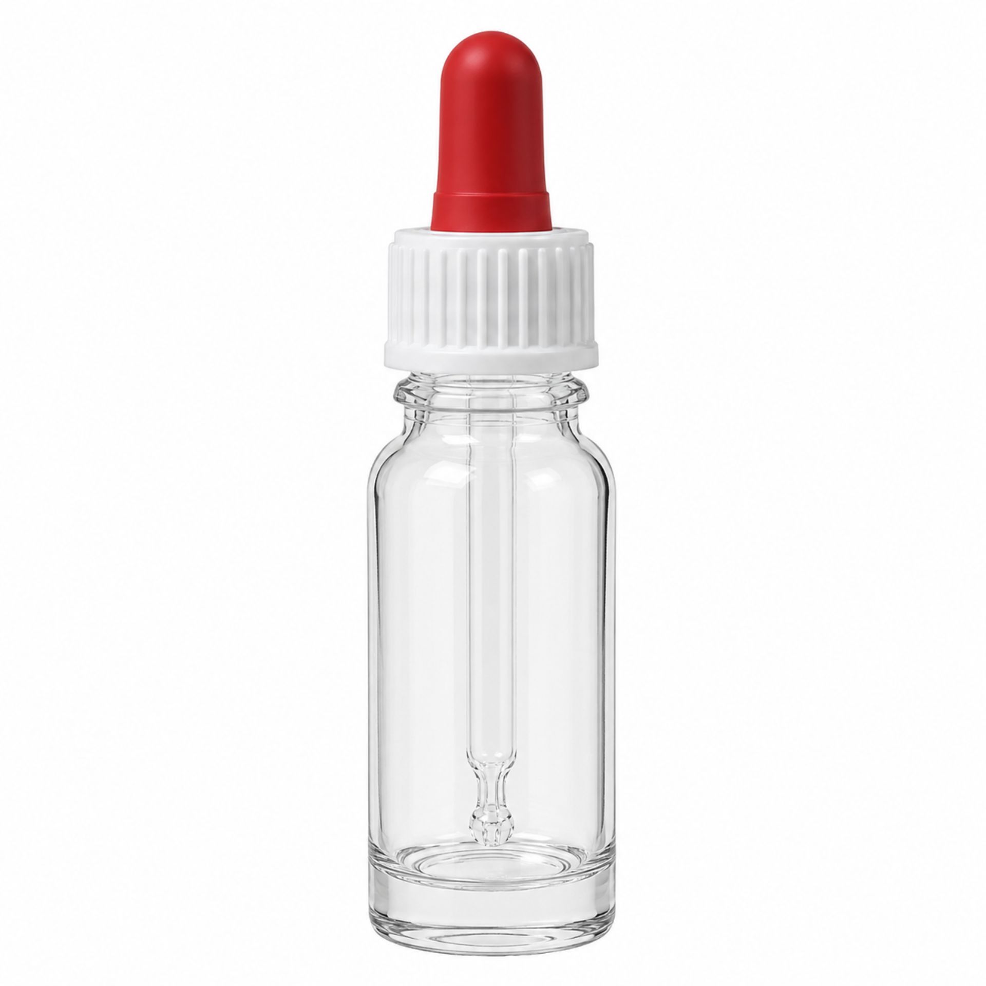Bild einer Pipettenflasche mit 10 ml Fassungsvermögen, ideal zum genauen Dosieren von Flüssigkeiten, auf einer weißen Hintergrundfläche dargestellt. Die Flasche hat einen schwarzen Schraubverschluss mit integrierter Pipette, was sie perfekt für Anwendunge