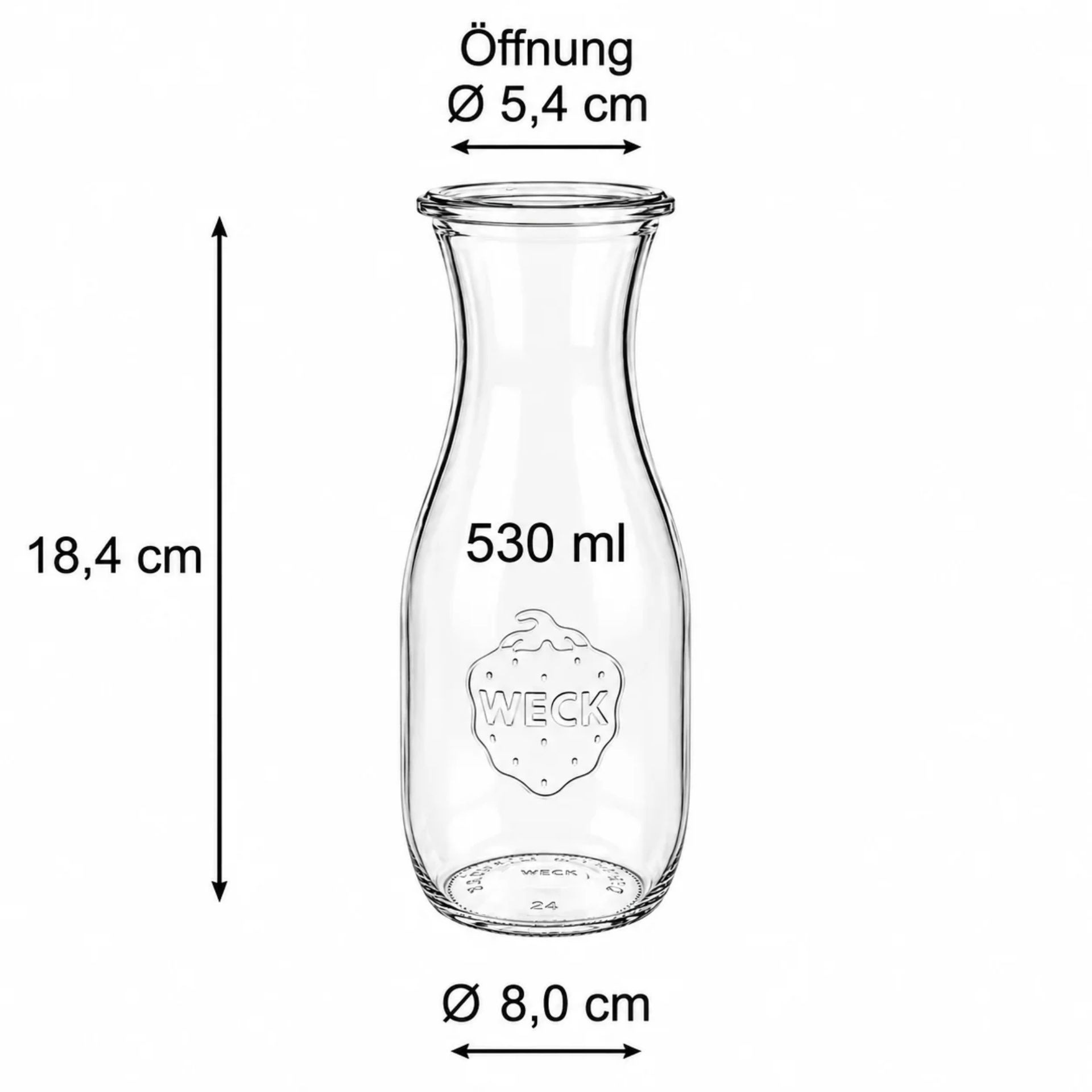 Weck Saftflasche 530 ml aus klarem Glas, ideal zur Aufbewahrung von Säften und Getränken, mit ikonischem Weck-Logo und praktischem Verschluss, Produktbild.