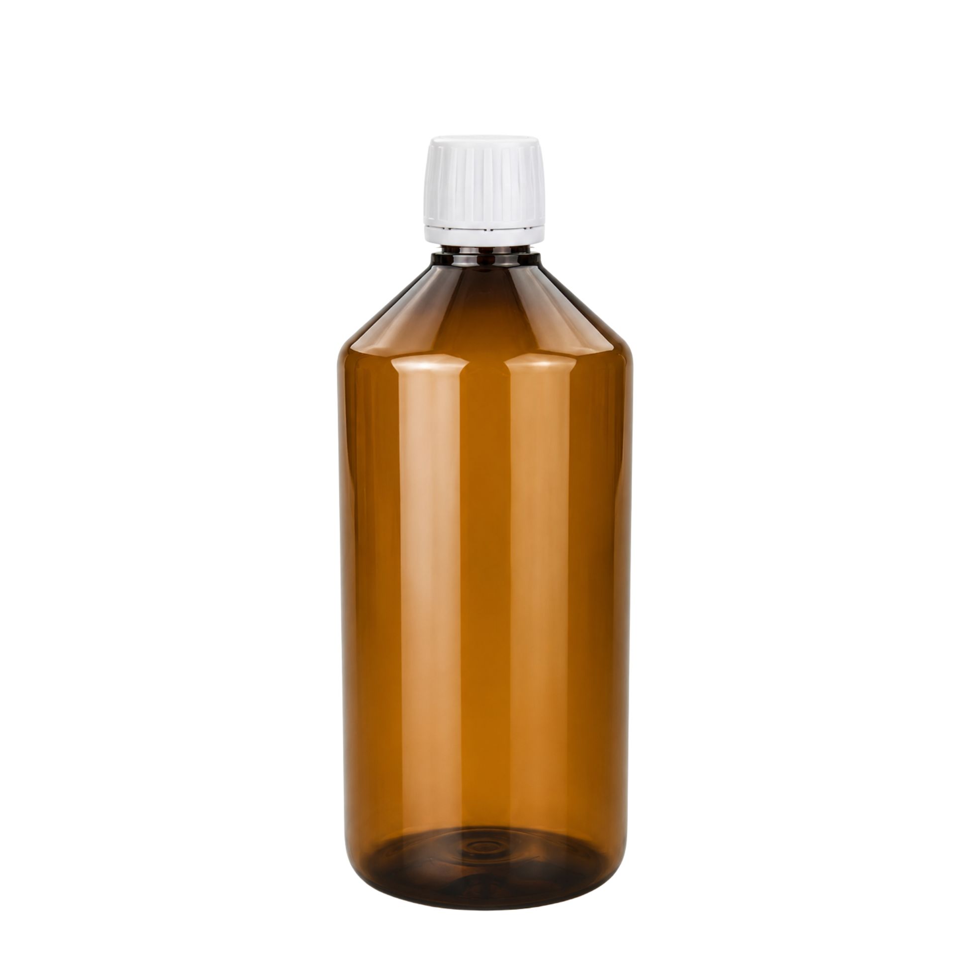 Klare, weiße 1000-ml-Apothekerflasche aus PET-Kunststoff mit weißem PP28-Ausgießer, stehend auf weißem Hintergrund.