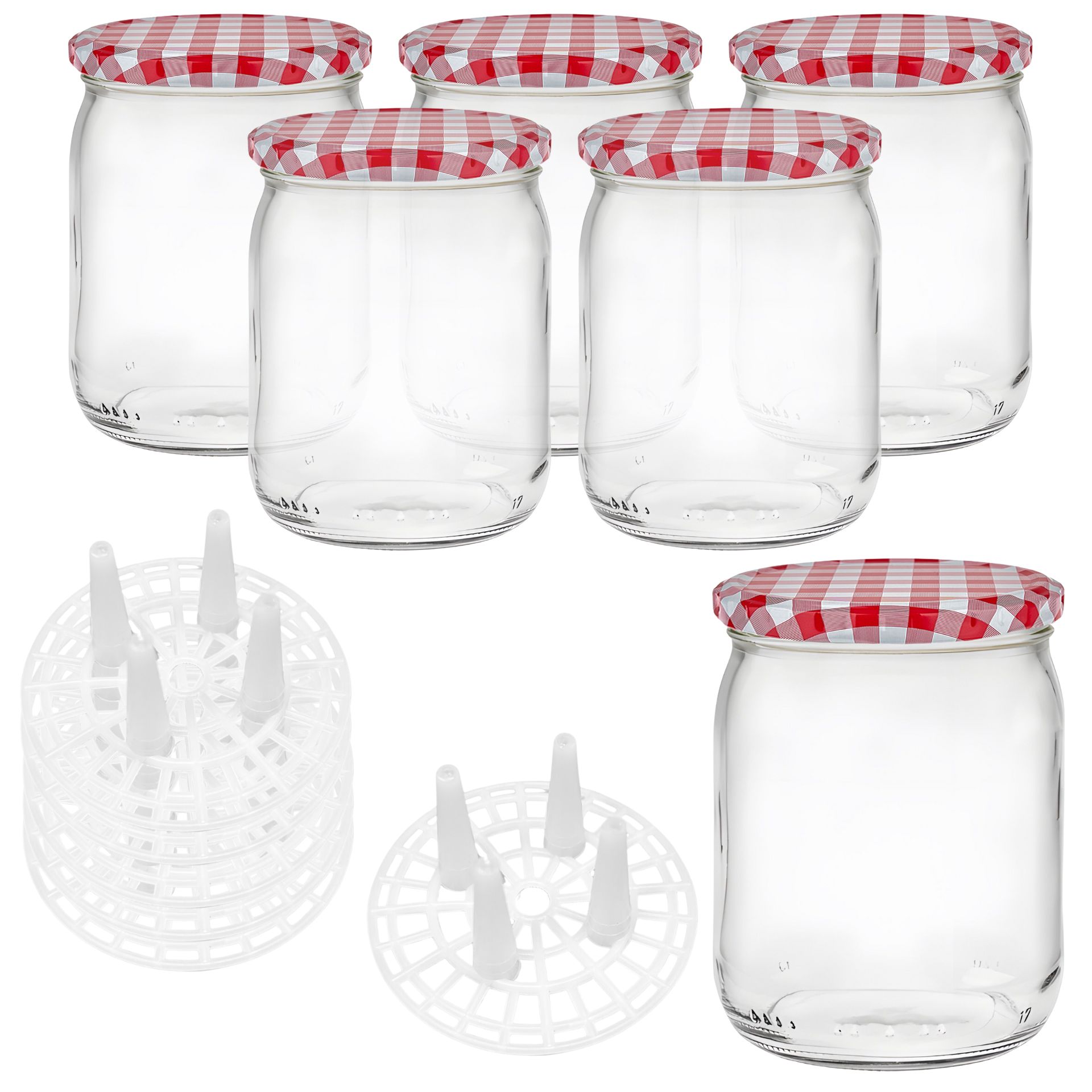 Fermentiergläser 6er Set – 540 ml Rundgläser inkl. Fermentiergitter, Deckel rot-weiß kariert