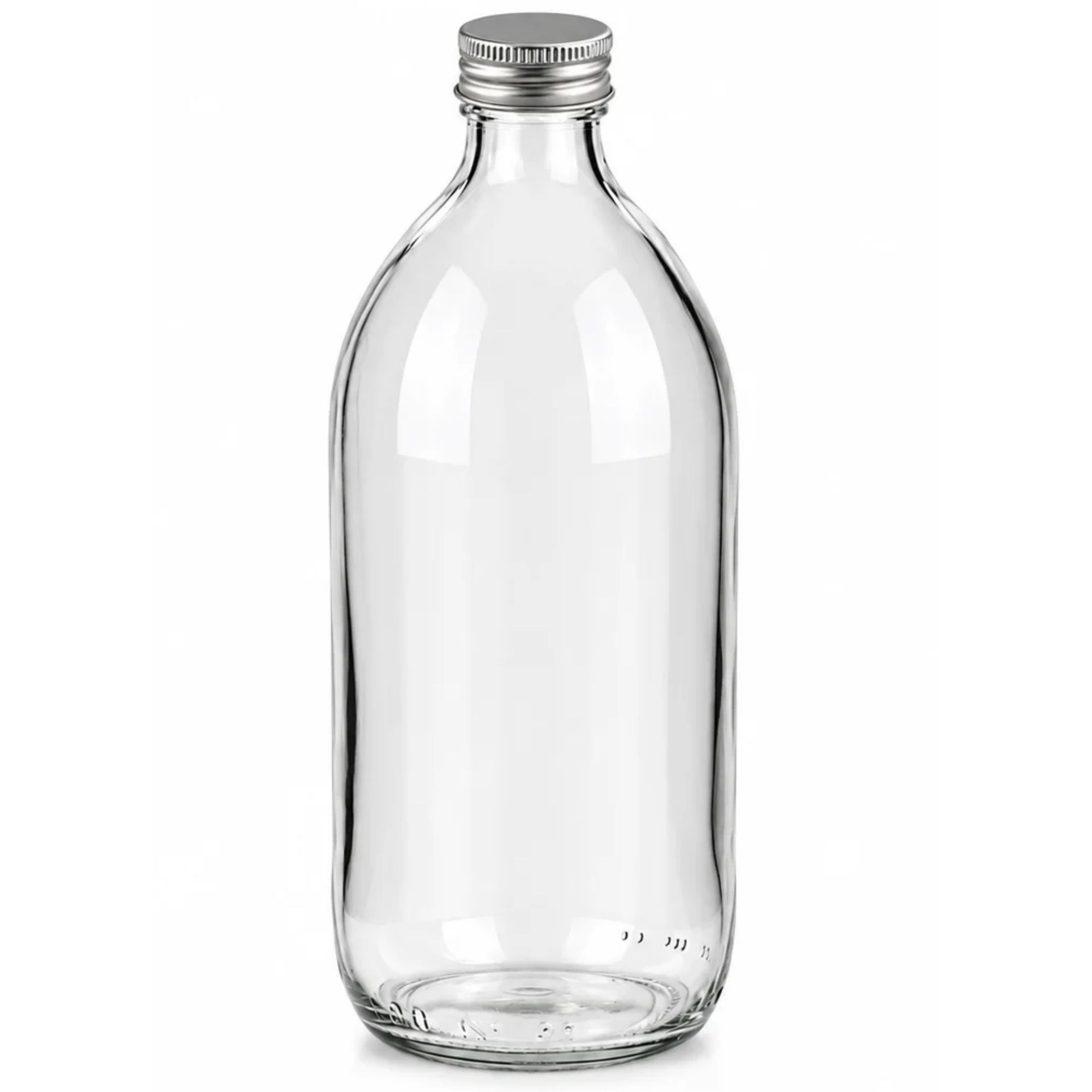 Klare 500-ml-Glasflasche mit silberfarbenem Schraubdeckel, aufrecht stehend vor weißem Hintergrund.