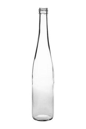 Abgebildet ist eine leere Glasflasche in Schlegelform mit einem Volumen von 500 ml und einem goldenen Schraubdeckel. Die Flasche eignet sich ideal zum Abfüllen von Flüssigkeiten aller Art und zeichnet sich durch ihr elegantes Design aus.