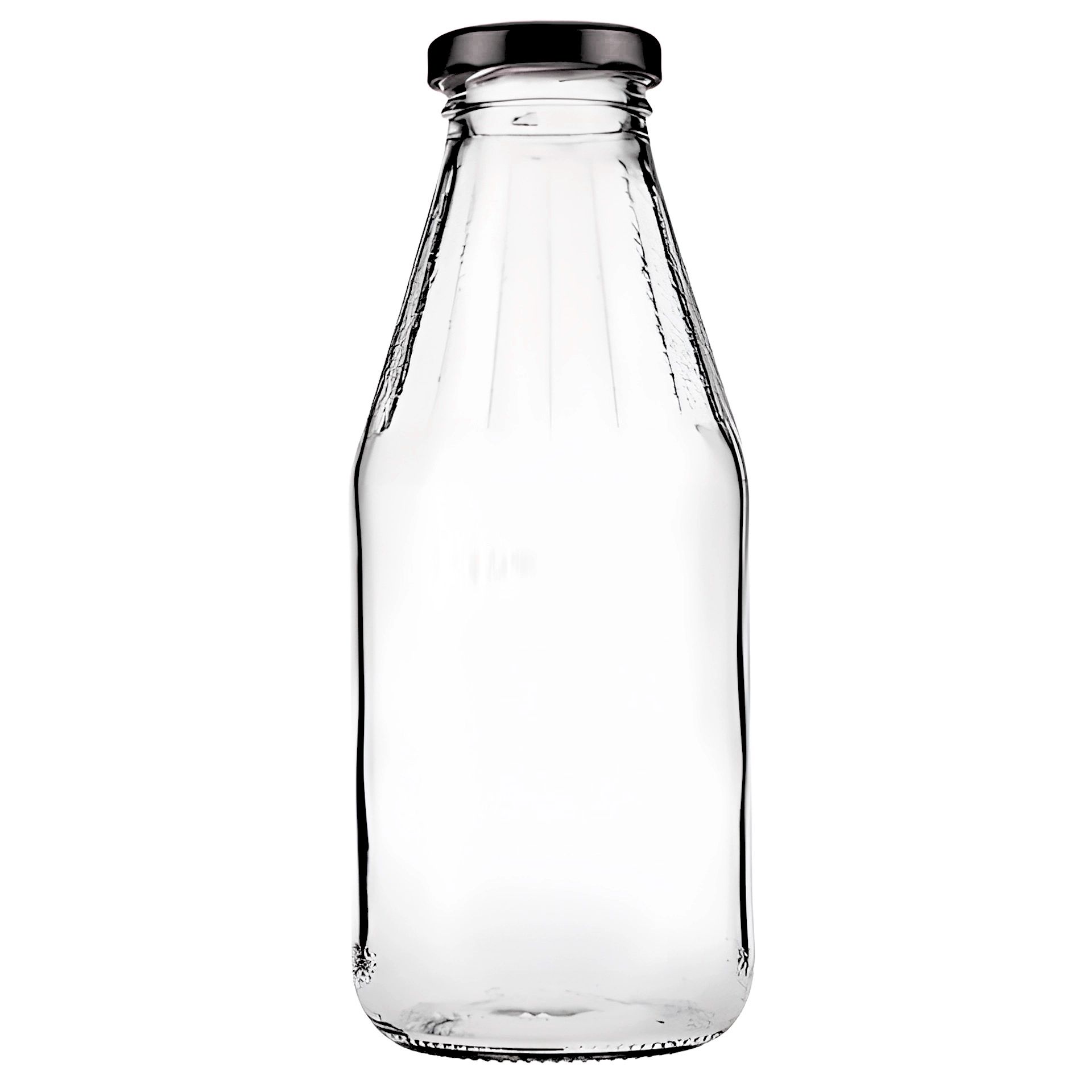 Getränkedosen Stapel im Lager für Verkauf und Versand Leere, klare Glasflasche mit Schraubgewinde und zylindrischer Form vor weißem Hintergrund.