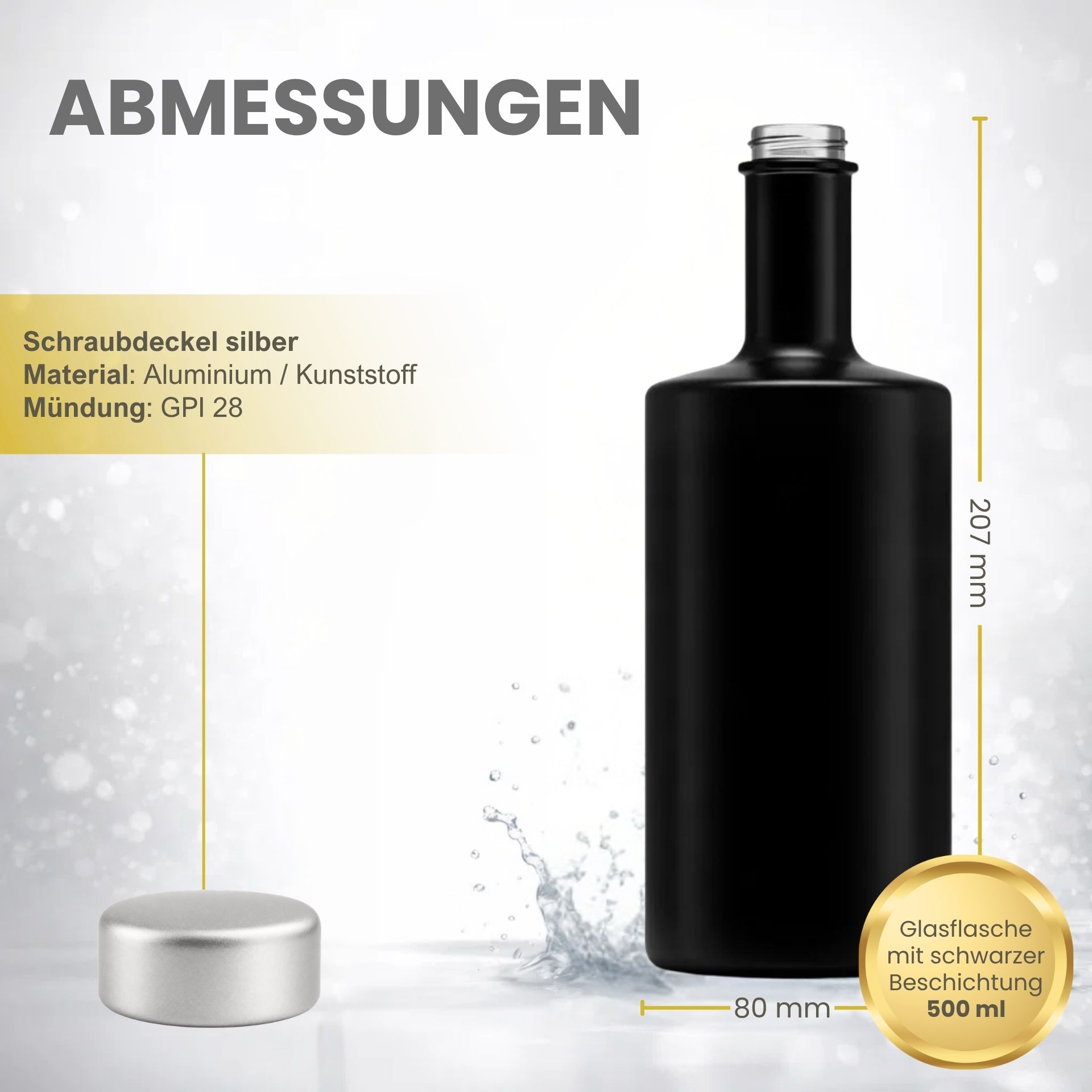 Hochwertige schwarze Glasflasche mit 500 ml Fassungsvermögen, ideal für Getränkeabfüllung, detailreiche Abbildung der Flasche auf weißem Hintergrund, geeignet für Online-Shops im Bereich Verpackungslösungen.