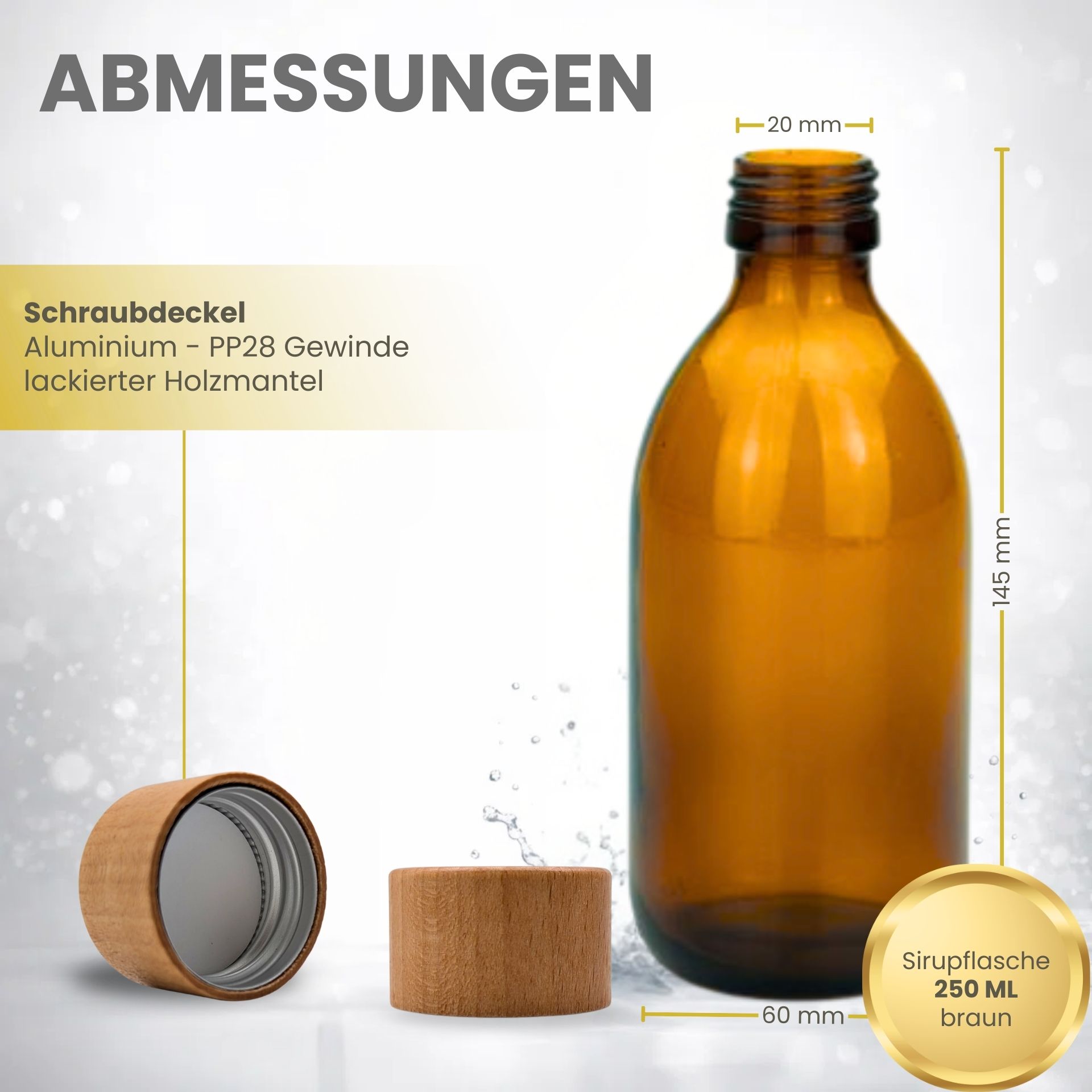 Glasflasche 250 ml Laborflasche braun mit Schraubverschluss Aluminium mit Holzmantel