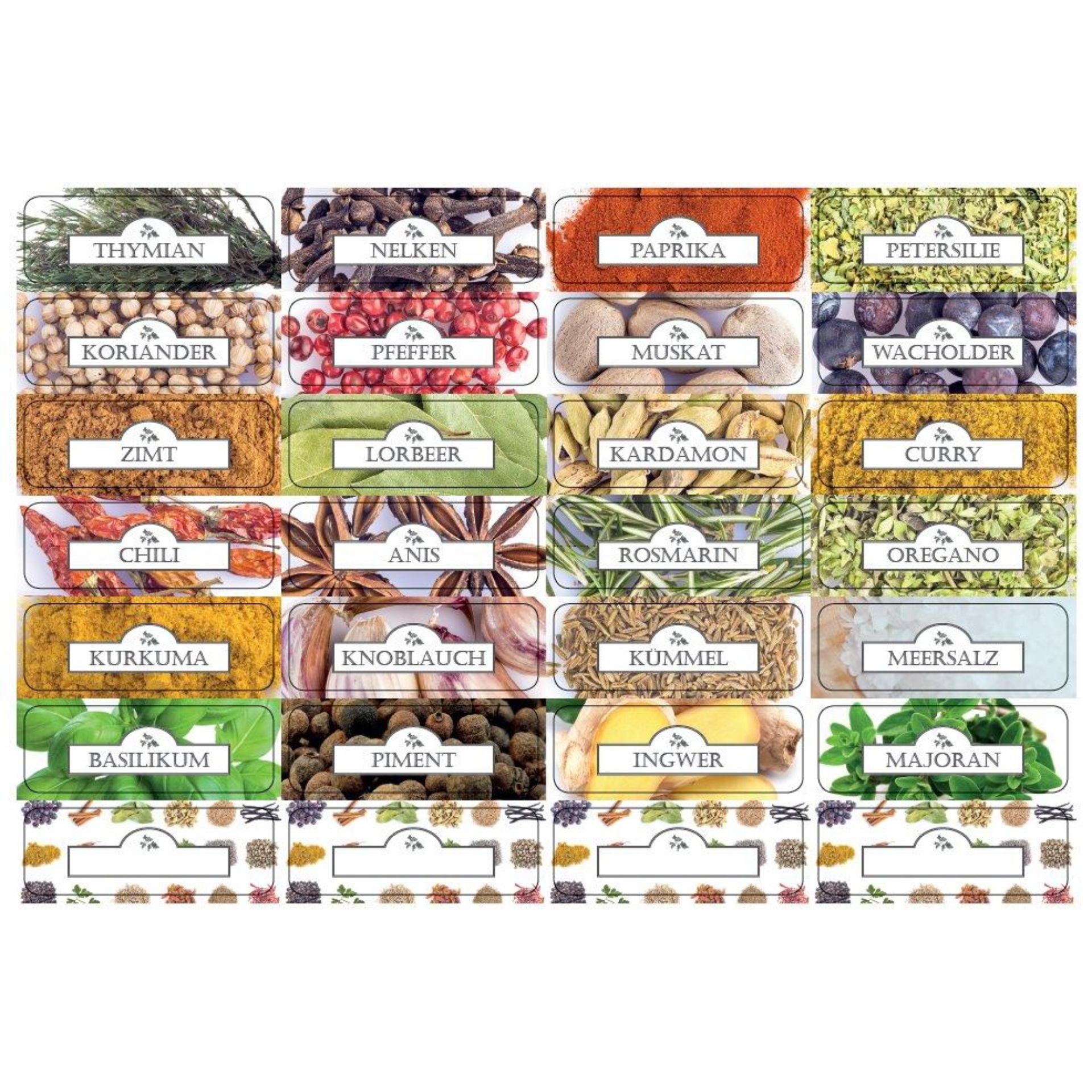 Ein Bild von rechteckigen Gewürzetiketten aus Papier, geeignet für das Kennzeichnen von Gewürzgläsern; die Etiketten sind in einem neutralen Design gehalten und scheinen vorgedruckt oder beschriftbar zu sein, ideal für die Organisation von Küchenkräutern 