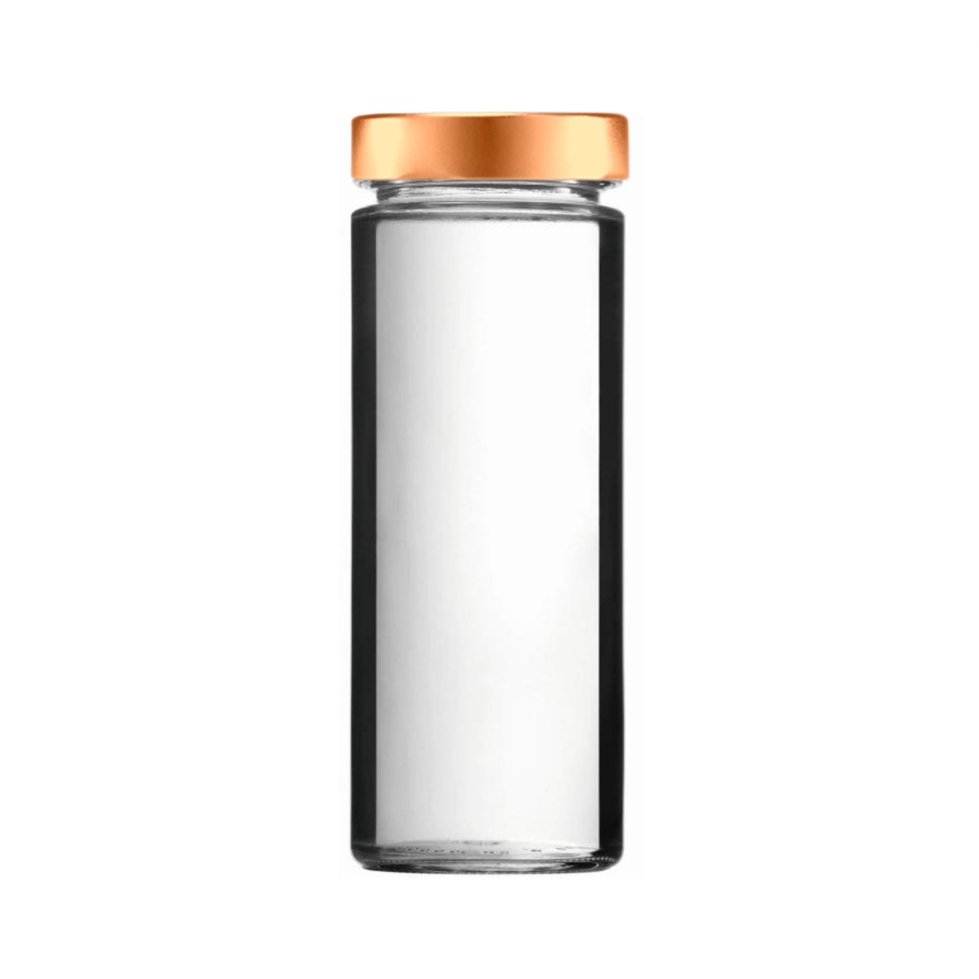 Klare Glasflasche mit silbernem Schraubverschluss, zylindrische Form, leicht nach unten verjüngt, vor weißem Hintergrund stehend.