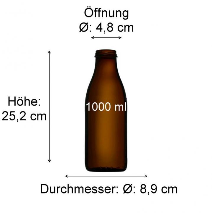 Braune 1000 ml Milchflasche aus Glas – nachhaltig & umweltfreundlich – mit Standard-Gewindeöffnung Bild einer braunen Milchflasche mit einem Fassungsvermögen von 1000 ml, perfekt für die Aufbewahrung von Milchprodukten.