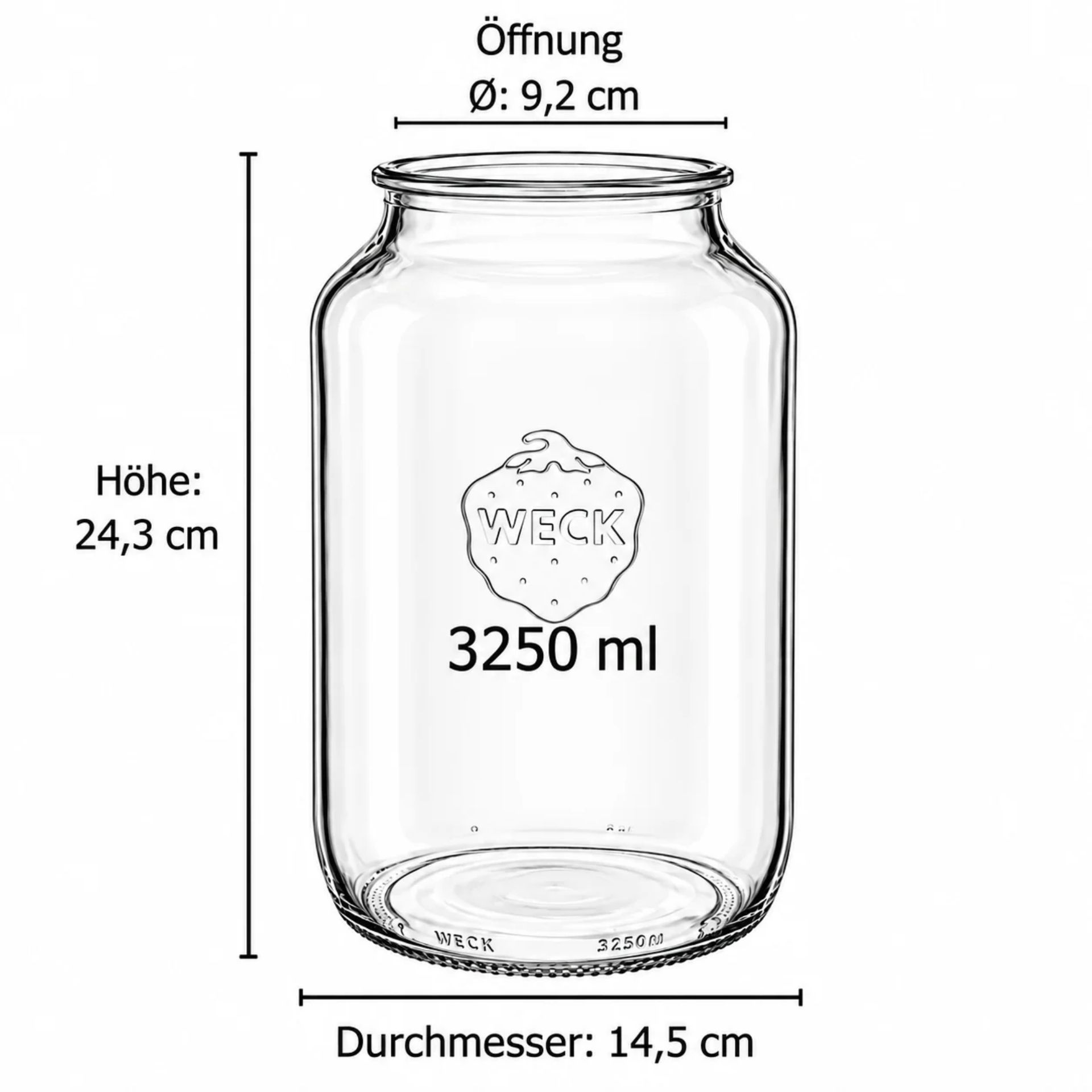 Leere, transparente Glasflasche mit Bügelverschluss auf weißem Hintergrund; daneben Maßangaben: 29 cm hoch, 8,5 cm breit am Boden, 3,5 cm Öffnungsdurchmesser.