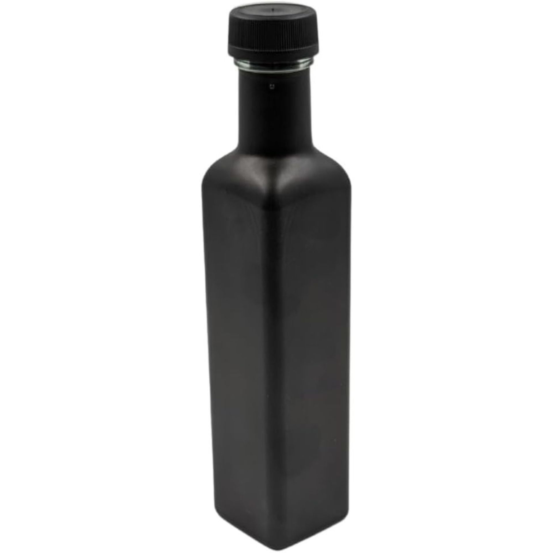 Klassische blaue Glasflasche mit Schraubverschluss – 500 ml Zwei leere, zylindrische Konservendosen aus silbernem Metall ohne Etikett, stehend auf weißem Hintergrund.