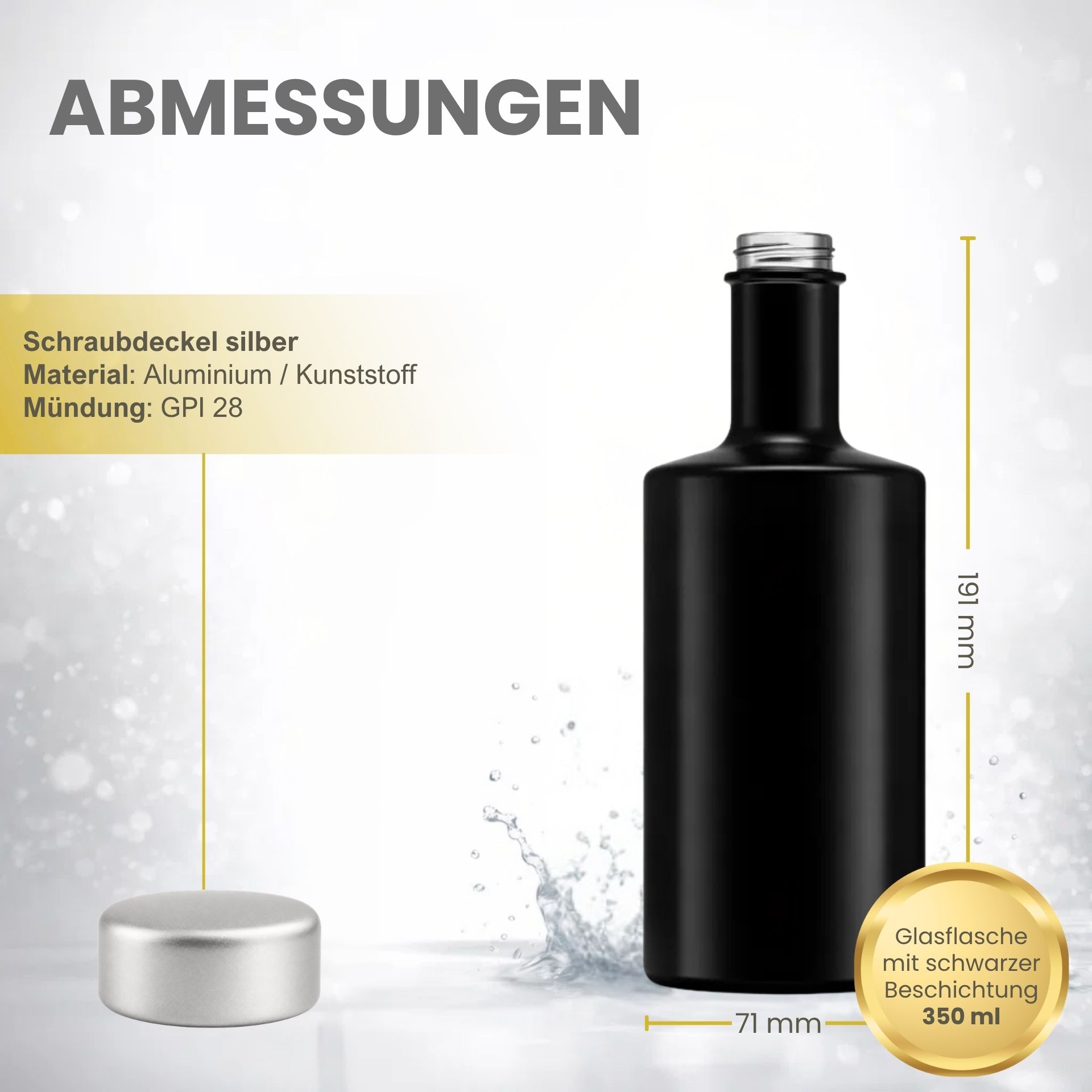 Produktabbildung einer transparenten Klarglasflasche mit blauem Verschluss und 350 ml Fassungsvermögen, platziert auf grauem Hintergrund mit Schatteneffekt.