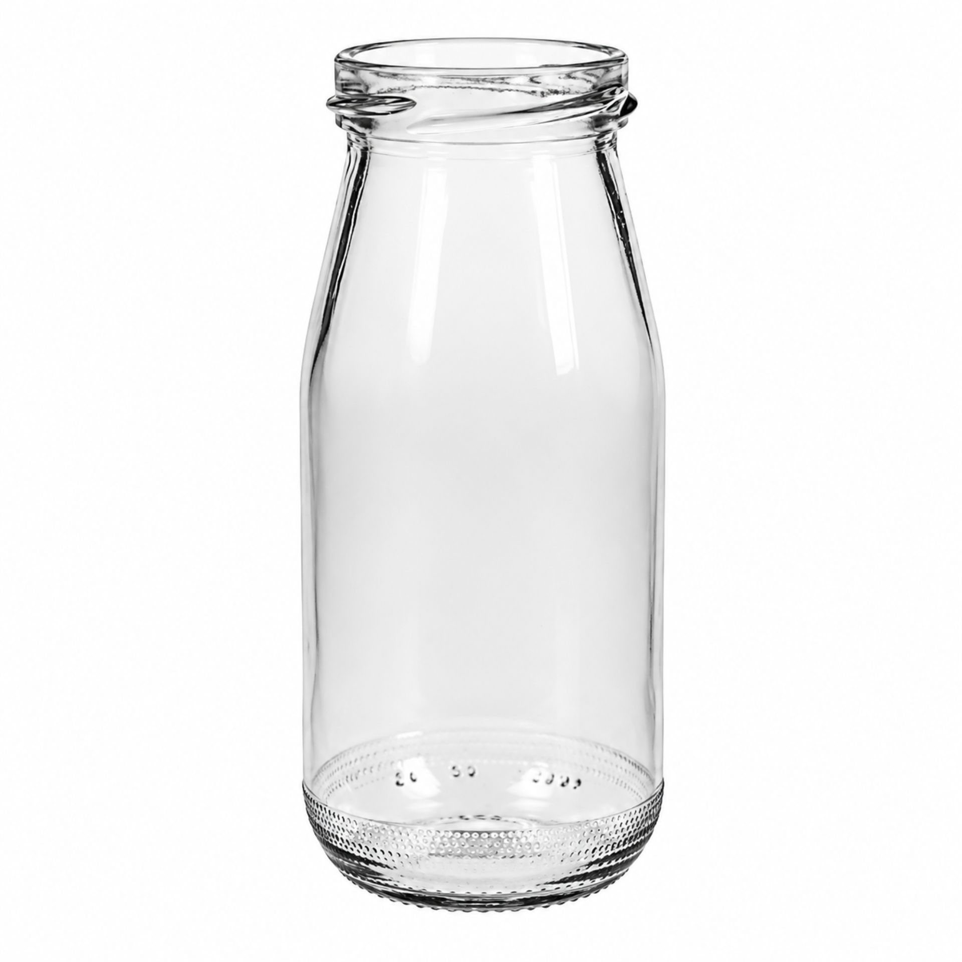Glasflasche 283 ml Milchflasche mit goldenem, silbernem oder schwarz-weißem Deckel auf weißem Hintergrund