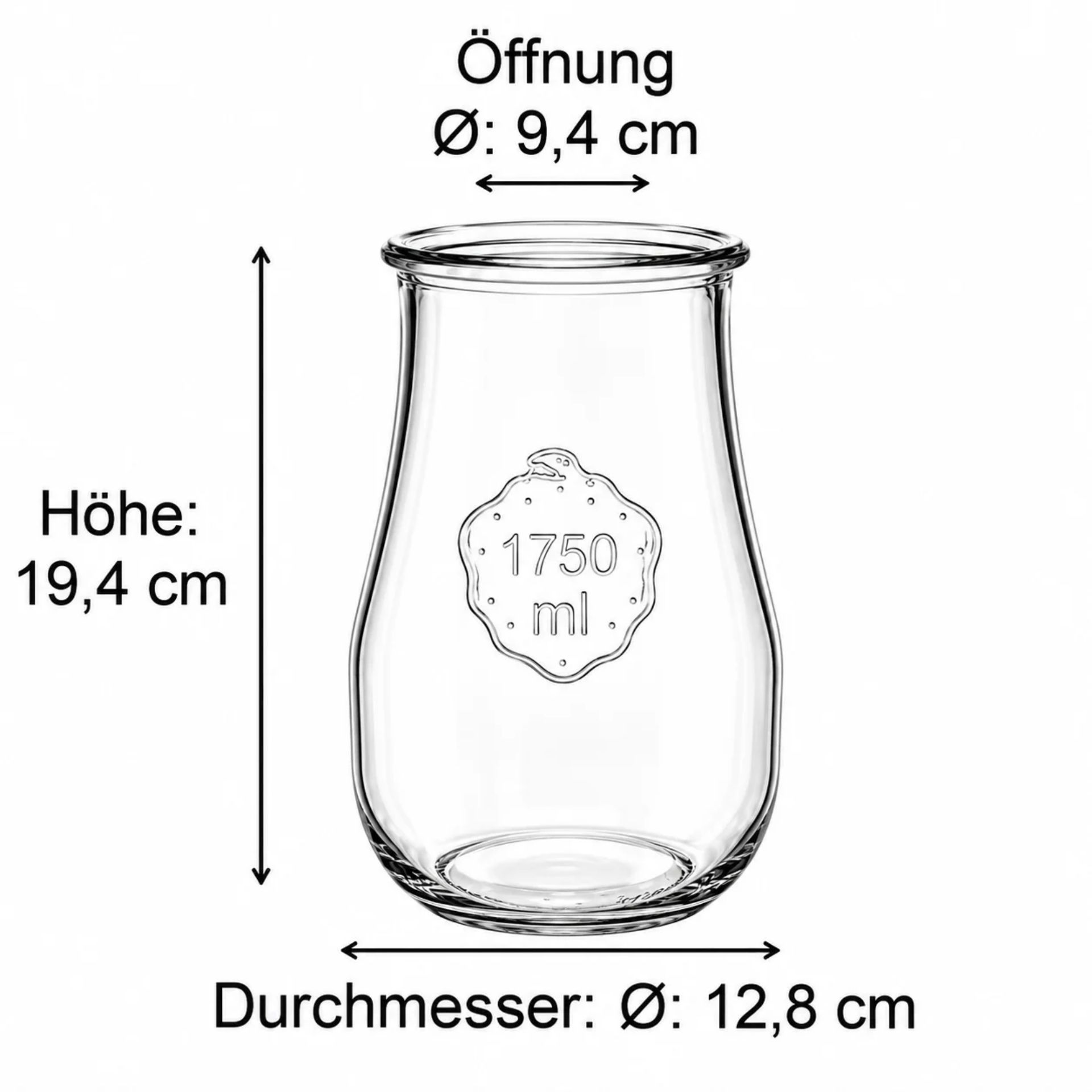 WECK 1700 ml Einmachglas mit Glasdeckel, Gummiring und Metallklammern für Einmachen und Konservieren von Lebensmitteln, hochauflösendes Bild mit Fokus auf Glasstruktur und Details.