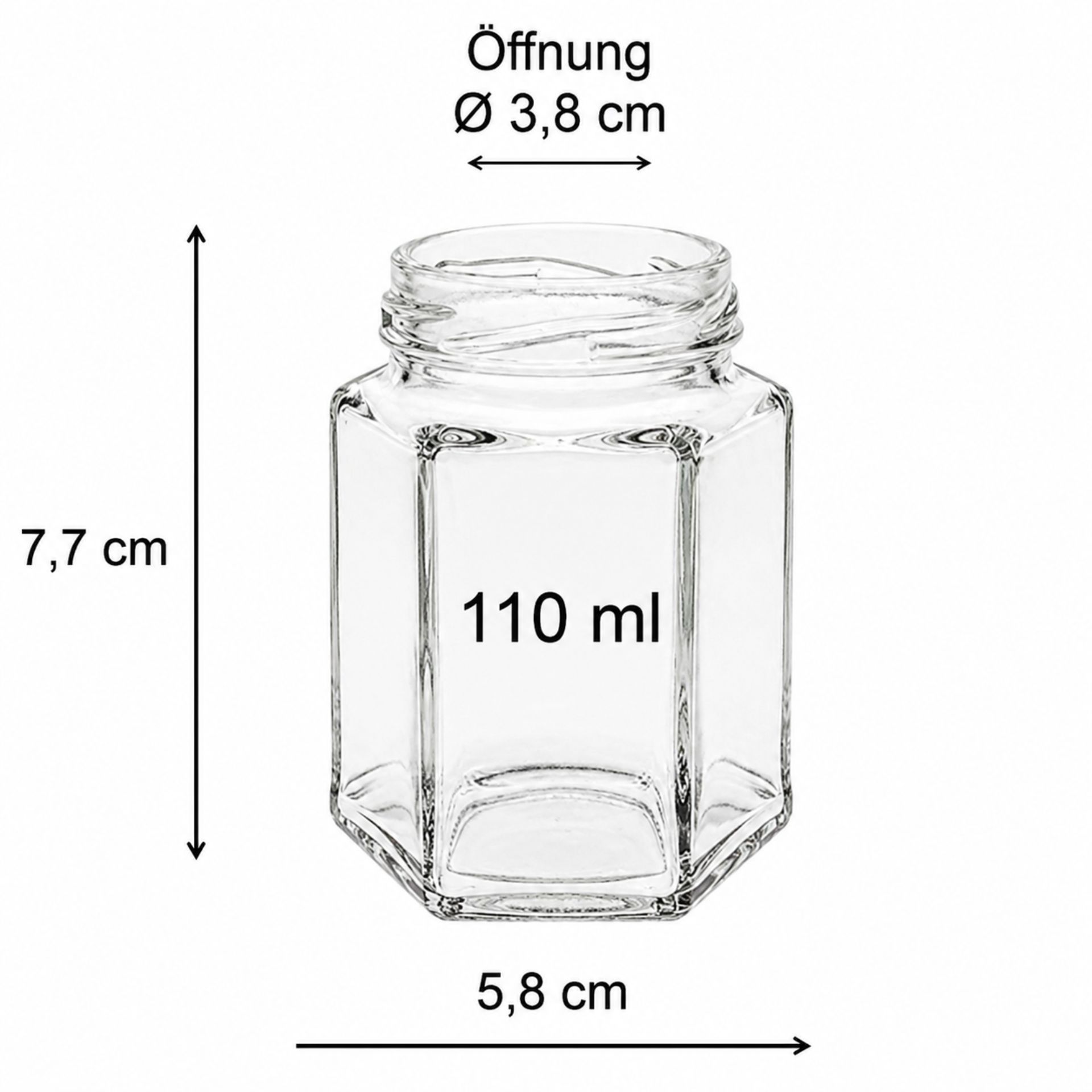 Einmachglas 110 ml in Sechseckform mit Deckel, ideal für Konfitüren, Marmeladen oder als stilvolle Aufbewahrungslösung.