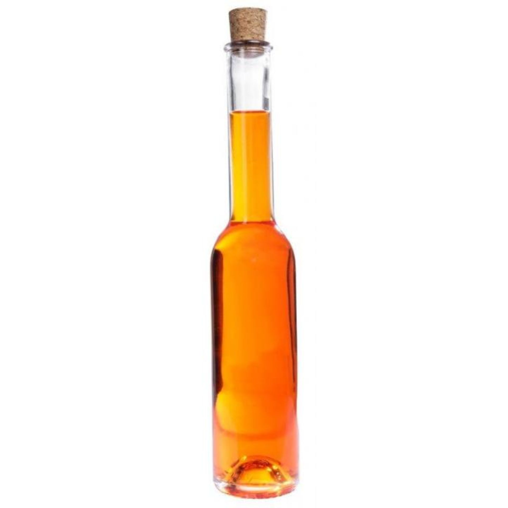 Foto einer leeren Glasflasche mit einem Fassungsvermögen von 200 ml, ausgestattet mit einem langen Hals und einem Korkenverschluss, ideal für Flüssigkeiten oder dekorative Zwecke.