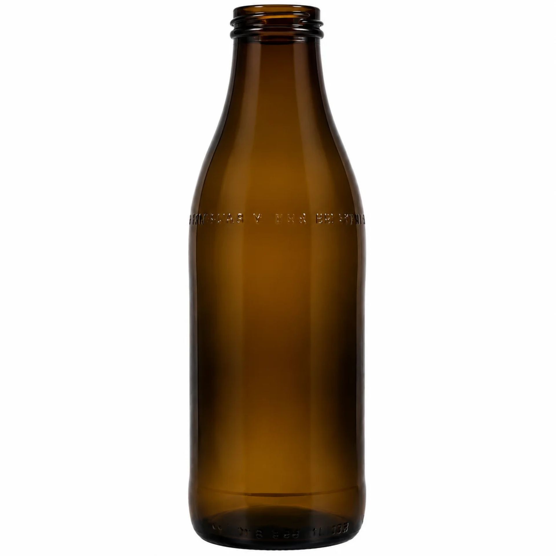 Braune Glasflasche 1000 ml für Milch, mit goldfarbenem oder silberfarbenem Verschluss - Produktbild einer stilvollen und umweltfreundlichen Glasflasche ideal für Milch oder andere Getränke.