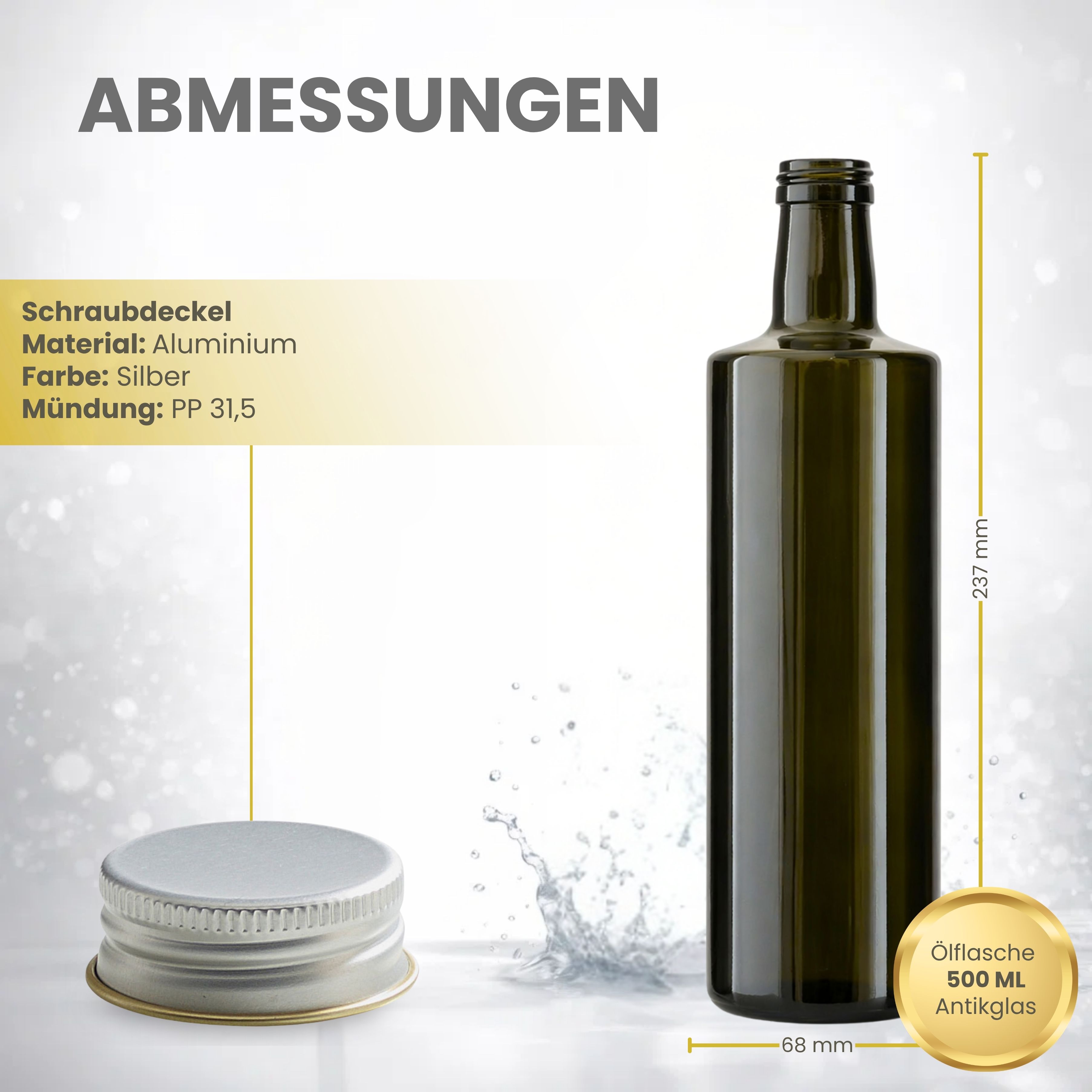 Glasflasche 500 ml rund braun Ölflasche Deckel Silber