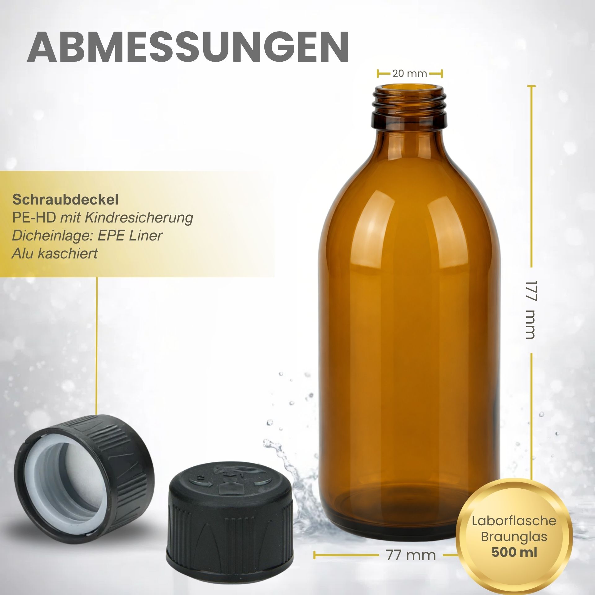 Leere, durchsichtige Glasflasche mit schmalem Hals und Schraubgewinde, stehend auf weißem Hintergrund; daneben Maßangaben in Millimetern für Höhe, Durchmesser und Öffnung der Flasche.