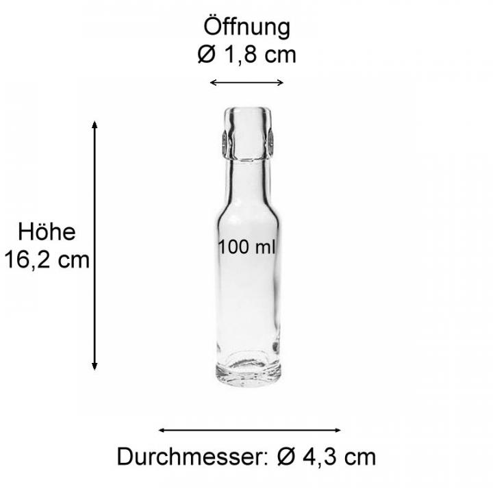100 ml Glasflasche mit Bügelverschluss, ideal für Getränke und Flüssigkeiten, klares Glasdesign, wiederverwendbar, platzsparend, hochwertig verarbeitet - Produktabbildung.