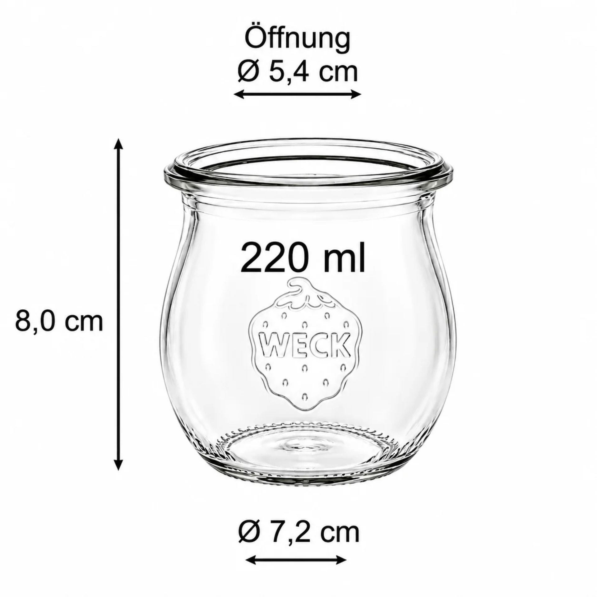 Weck Tulpenglas 220 ml Rundrandglas mit Gummiring und Klammern vor weißem Hintergrund – ideales Einmachglas für Konservierung und Aufbewahrung von Lebensmitteln.