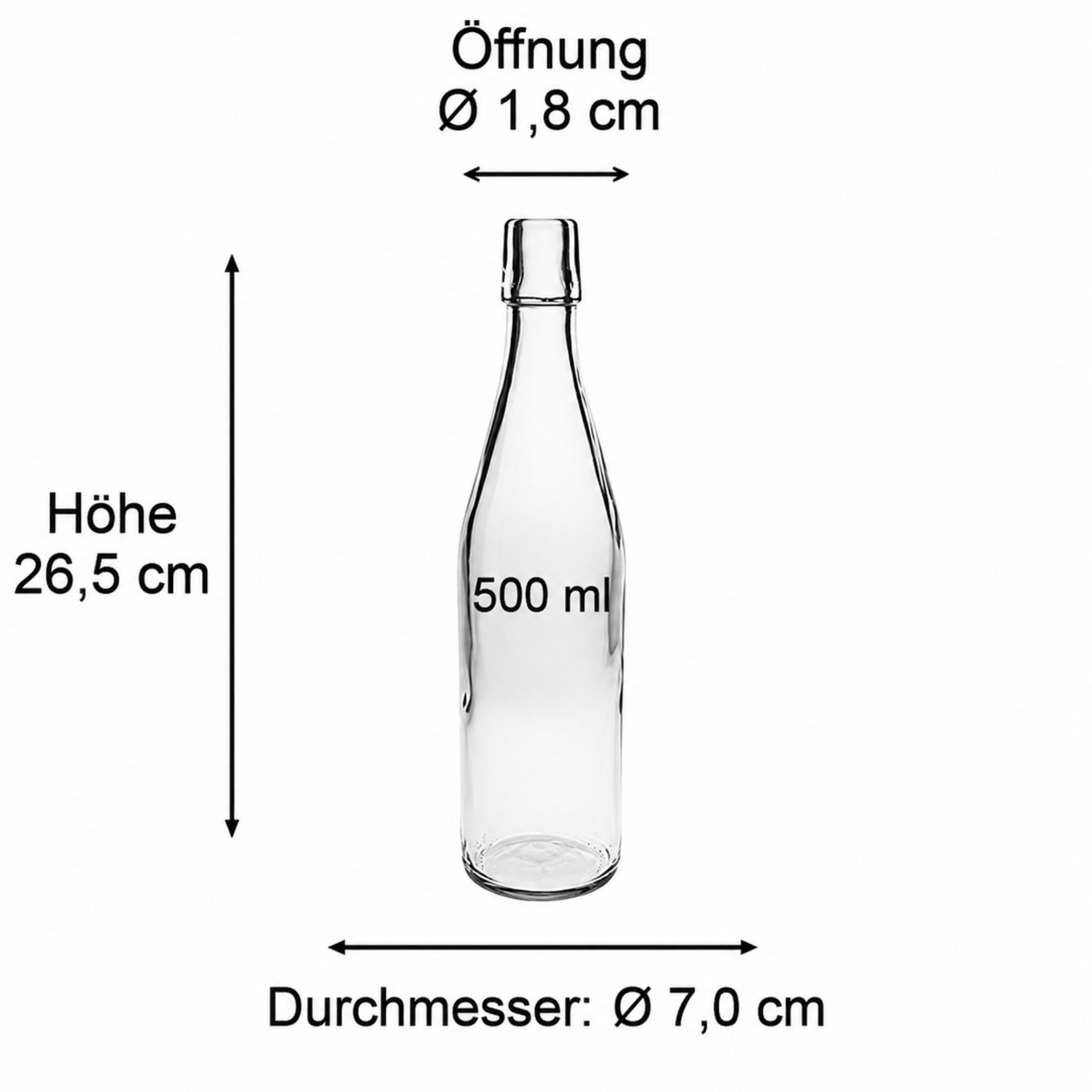 Glasflasche 500 ml mit Bügelverschluss, transparent, ideal für Getränke, auslaufsicherer Verschluss, hochwertiges Design