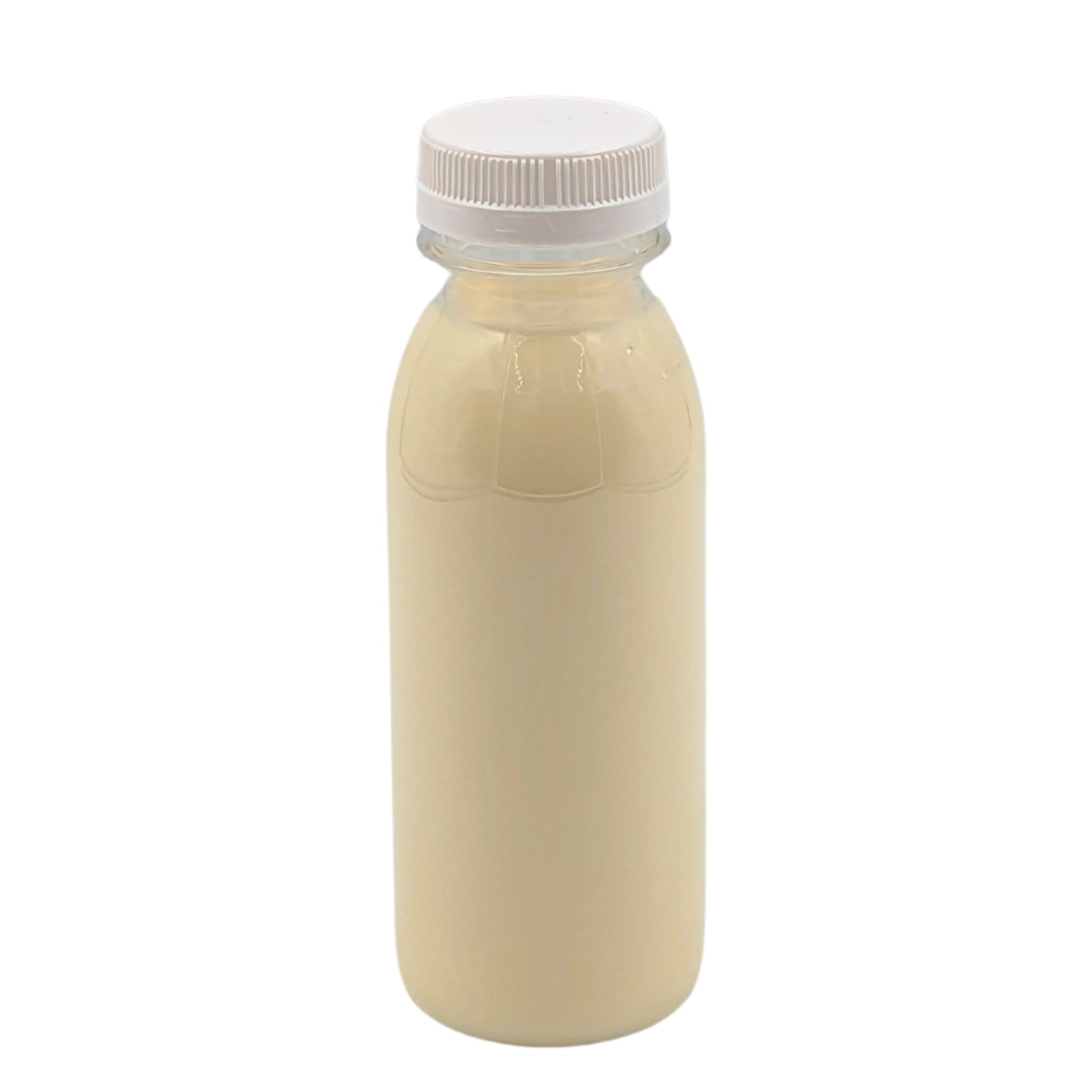 Transparente 250-ml-Smoothieflasche aus Kunststoff mit breiter Öffnung und schwarzem Schraubverschluss, stehend auf weißem Hintergrund.