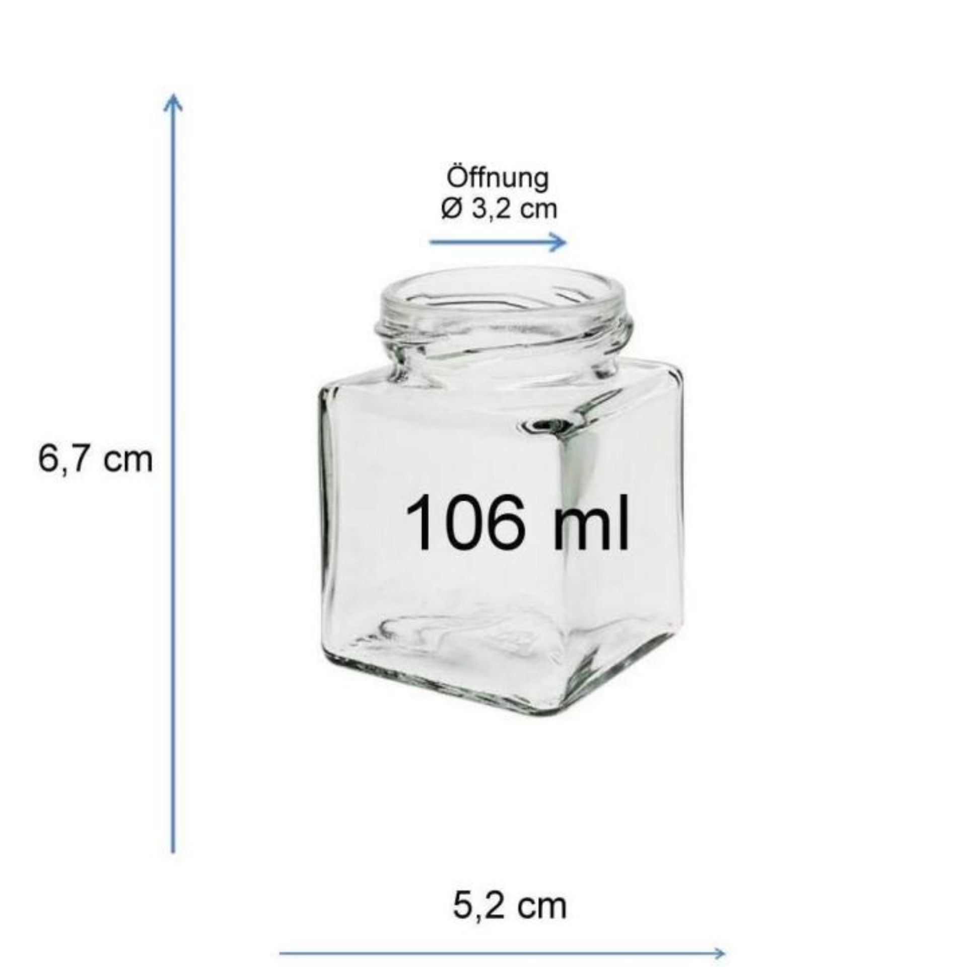 Quadratisches 106 ml Einmachglas mit Schraubdeckel in verschiedenen Farben – ideal für Marmelade, Honig und Gewürze Ein quadratisches Einmachglas mit einer Füllmenge von 106 ml, ausgestattet mit einem farbigen Deckel. Ideal zur Aufbewahrung von Lebensmitteln und Konservierung.