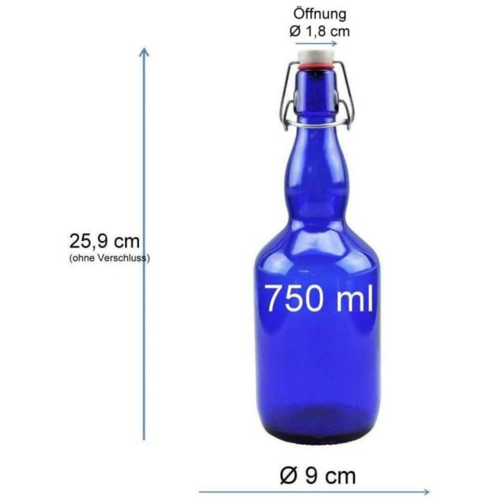 750-ml-Blauglasflasche mit Bügelverschluss, stehend auf weißem Hintergrund.