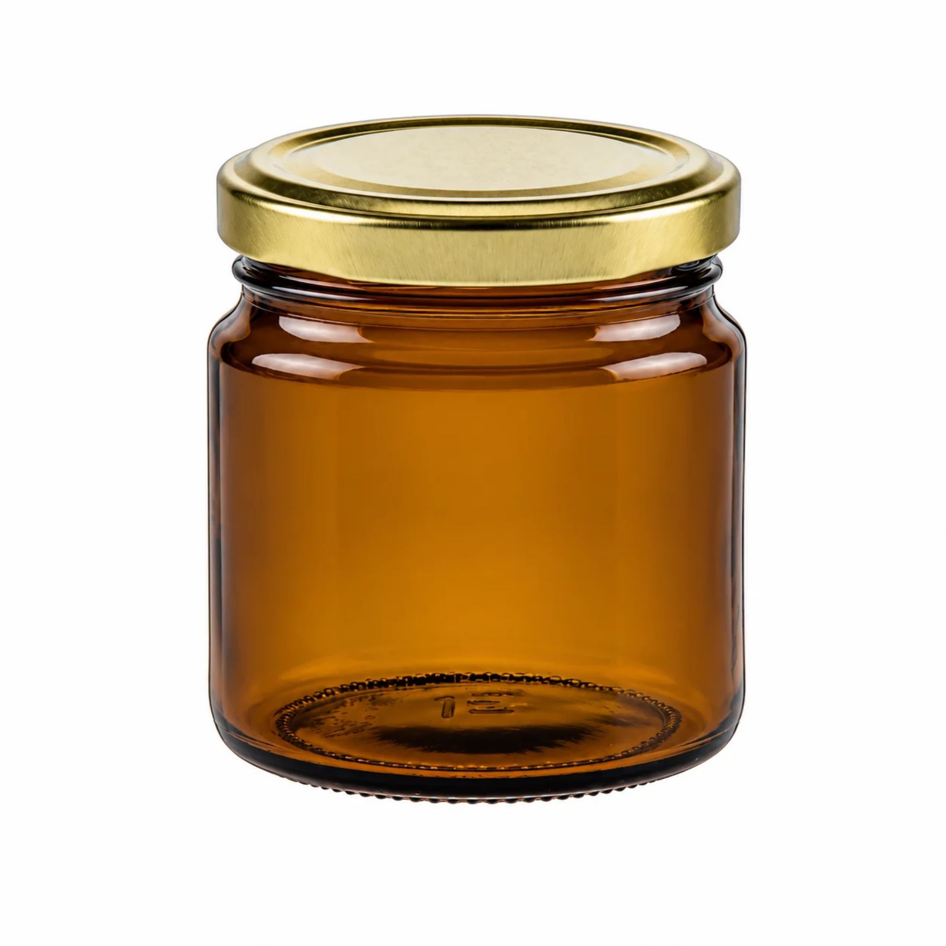 Ein braunes Einmachglas mit 215 ml Fassungsvermögen und goldfarbenem Schraubdeckel, stehend auf weißem Hintergrund.