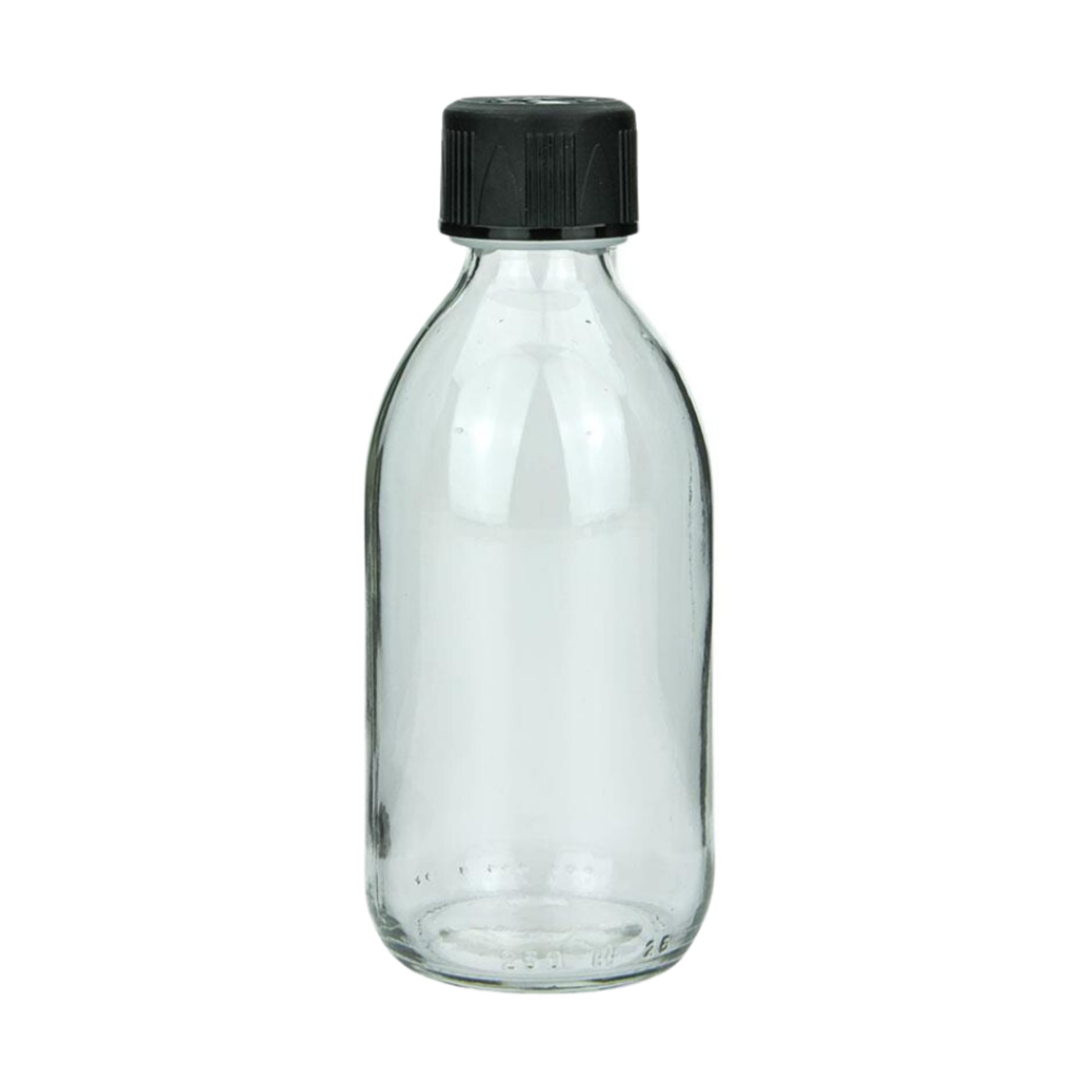 Leere 250-ml-Sirupflasche aus transparentem Klarglas mit kindersicherem, dunkelbraunem Schraubverschluss, stehend vor neutralem Hintergrund.