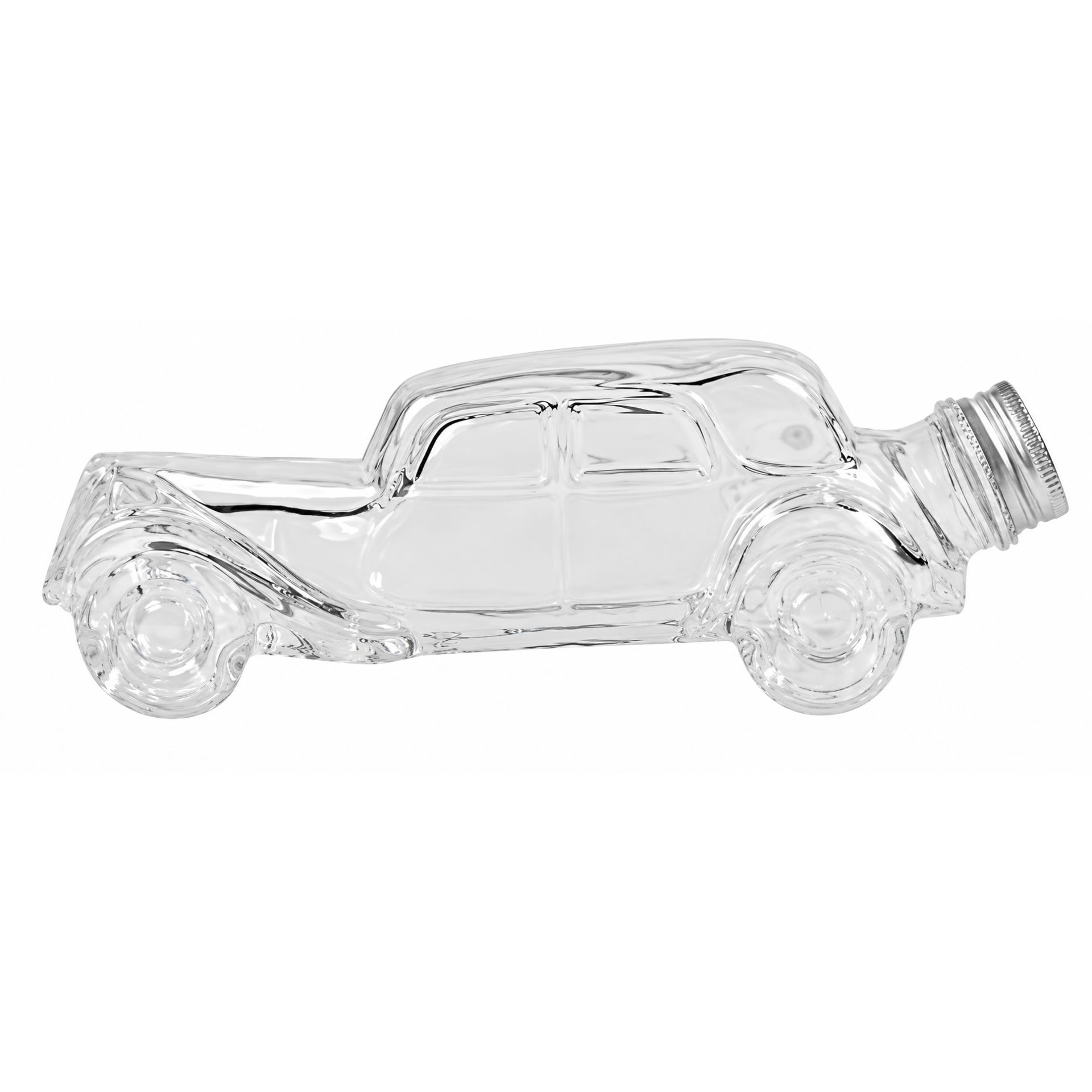Klare Glasflasche mit 200 ml Fassungsvermögen im Oldtimer-Design, zylindrische Form mit kurzem Hals und silberfarbenem Schraubdeckel, auf weißem Hintergrund.