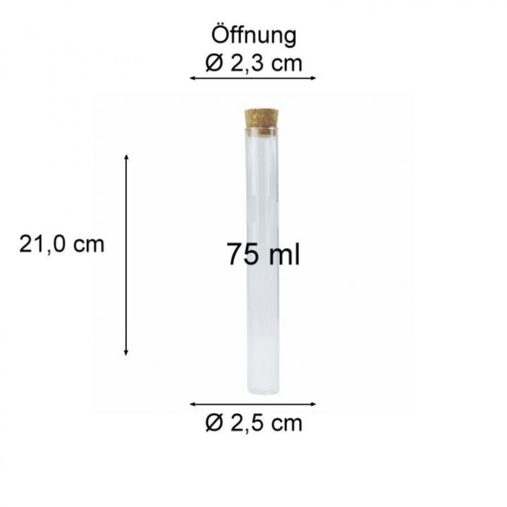 Reagenzglas mit Korken 75 ml – Produktbild von einem Glas mit Naturkorkenverschluss, das auf flaschen-glaeser-und-dosen.de erhältlich ist.